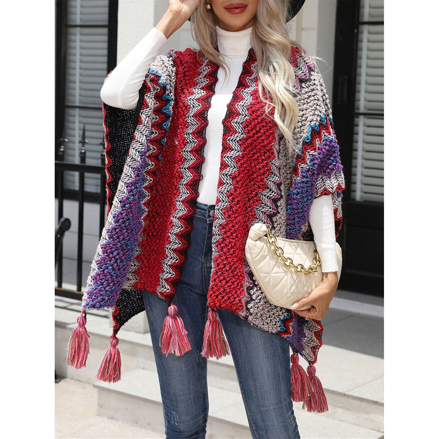 Striped Open Front Poncho with Tassels