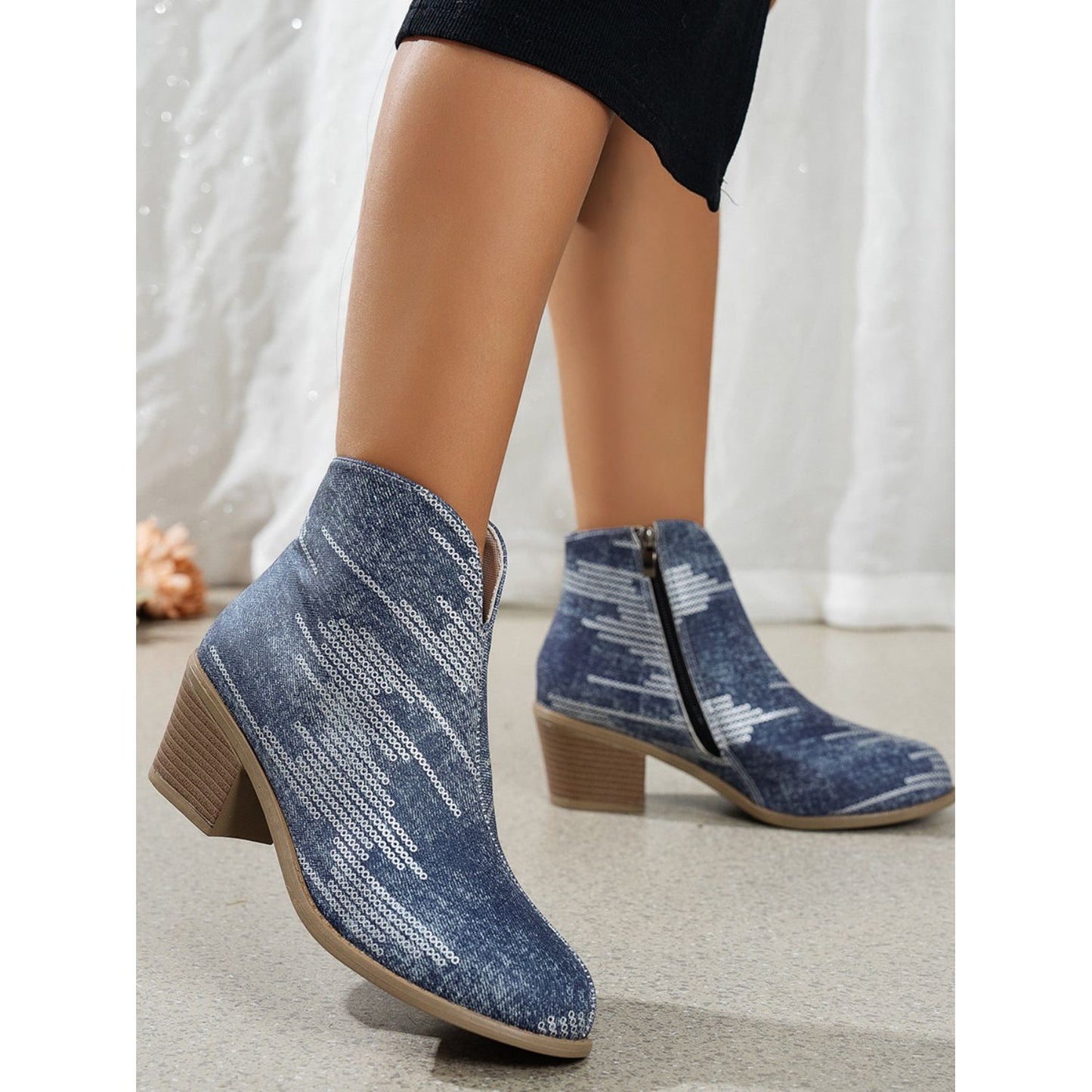 Printed Block Heel Boots with Side Zip