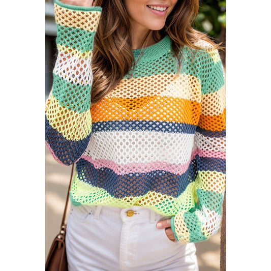 Openwork Color Block Round Neck Knit Top