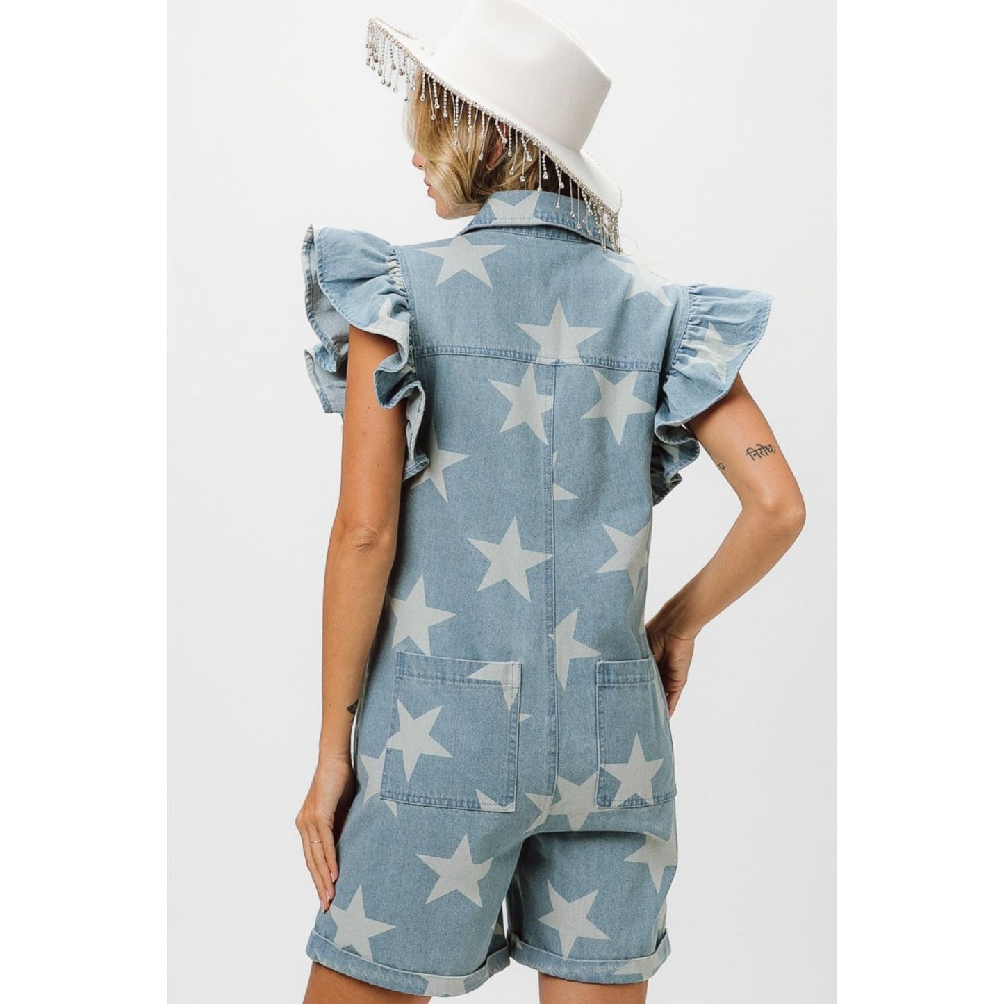 BiBi Ruffled Star Half Zip Denim Romper