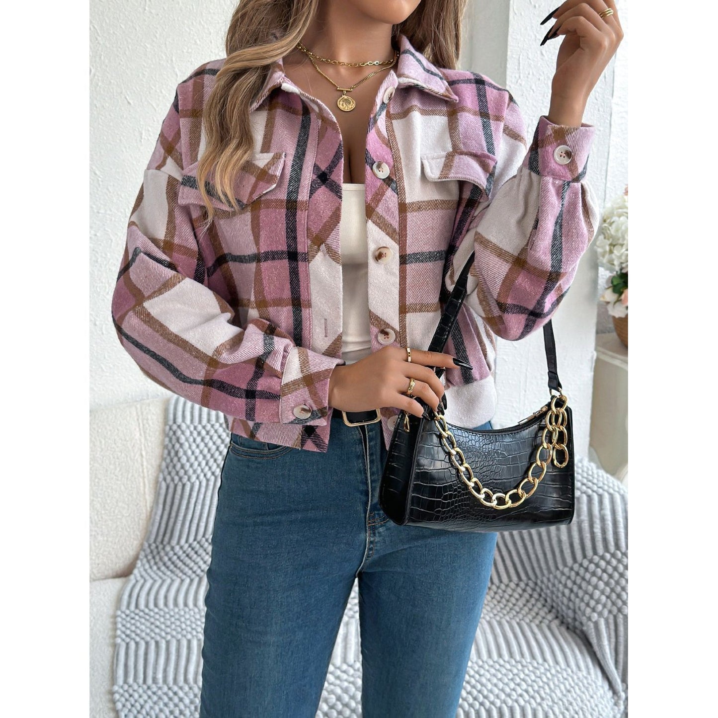 Plaid Button Up Long Sleeve Jacket