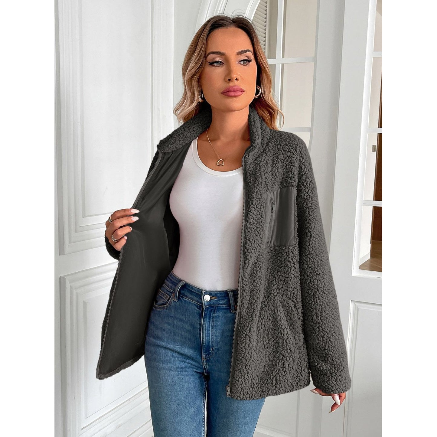 Ivy Lane Zip Up Long Sleeve Fuzzy Jacket