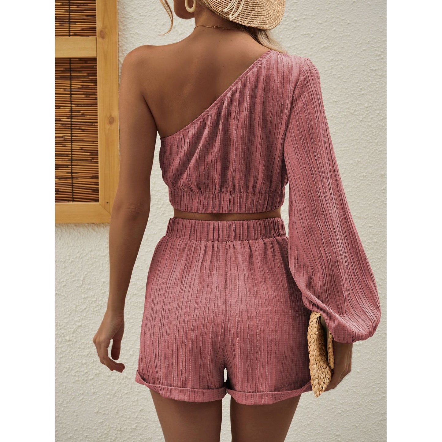 Honey One Shoulder Long Sleeve Top and Shorts Set