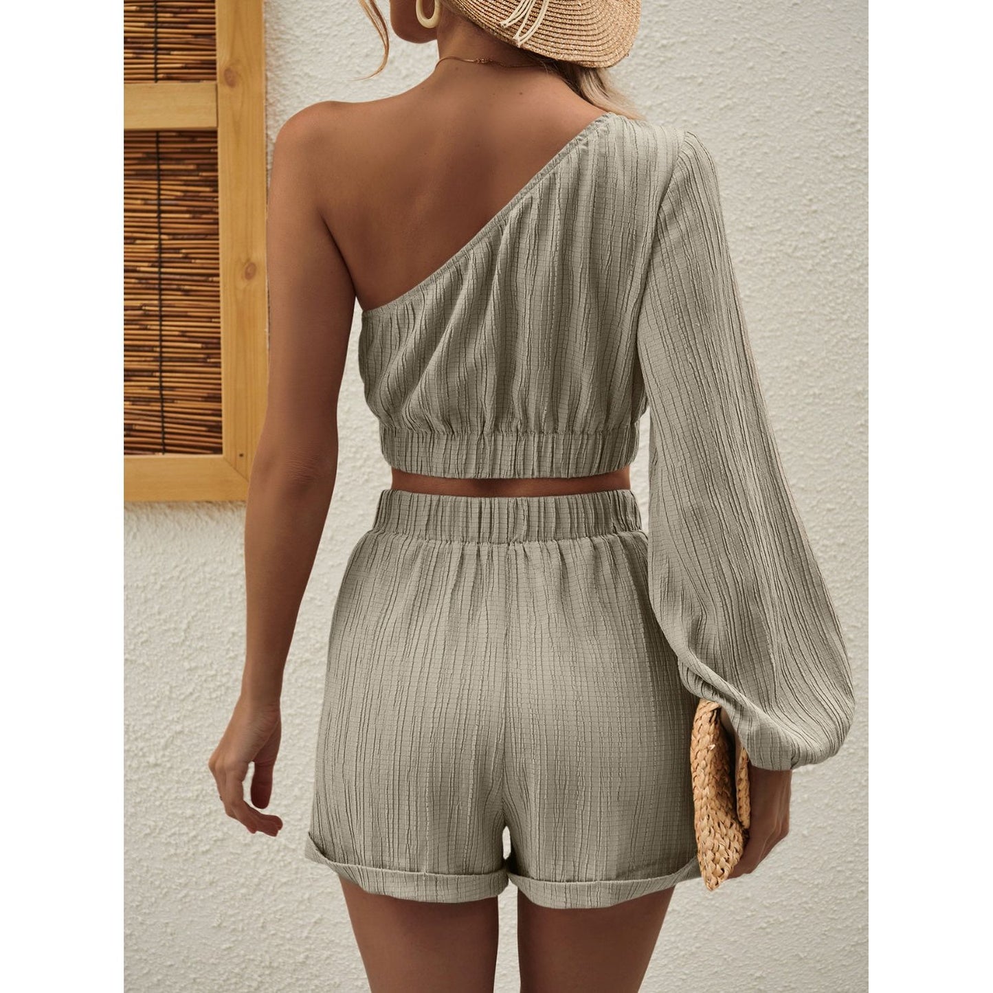 Honey One Shoulder Long Sleeve Top and Shorts Set