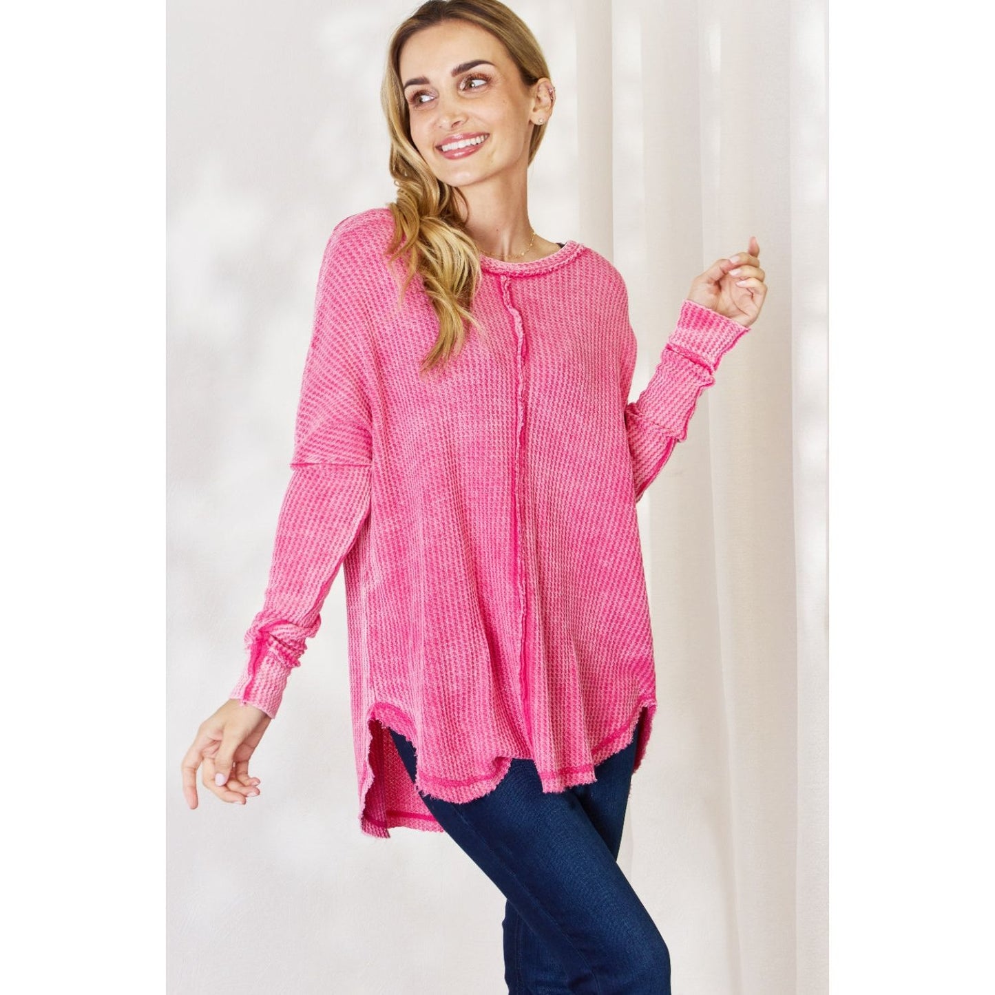 Zenana Oversized Washed Waffle Long Sleeve Top