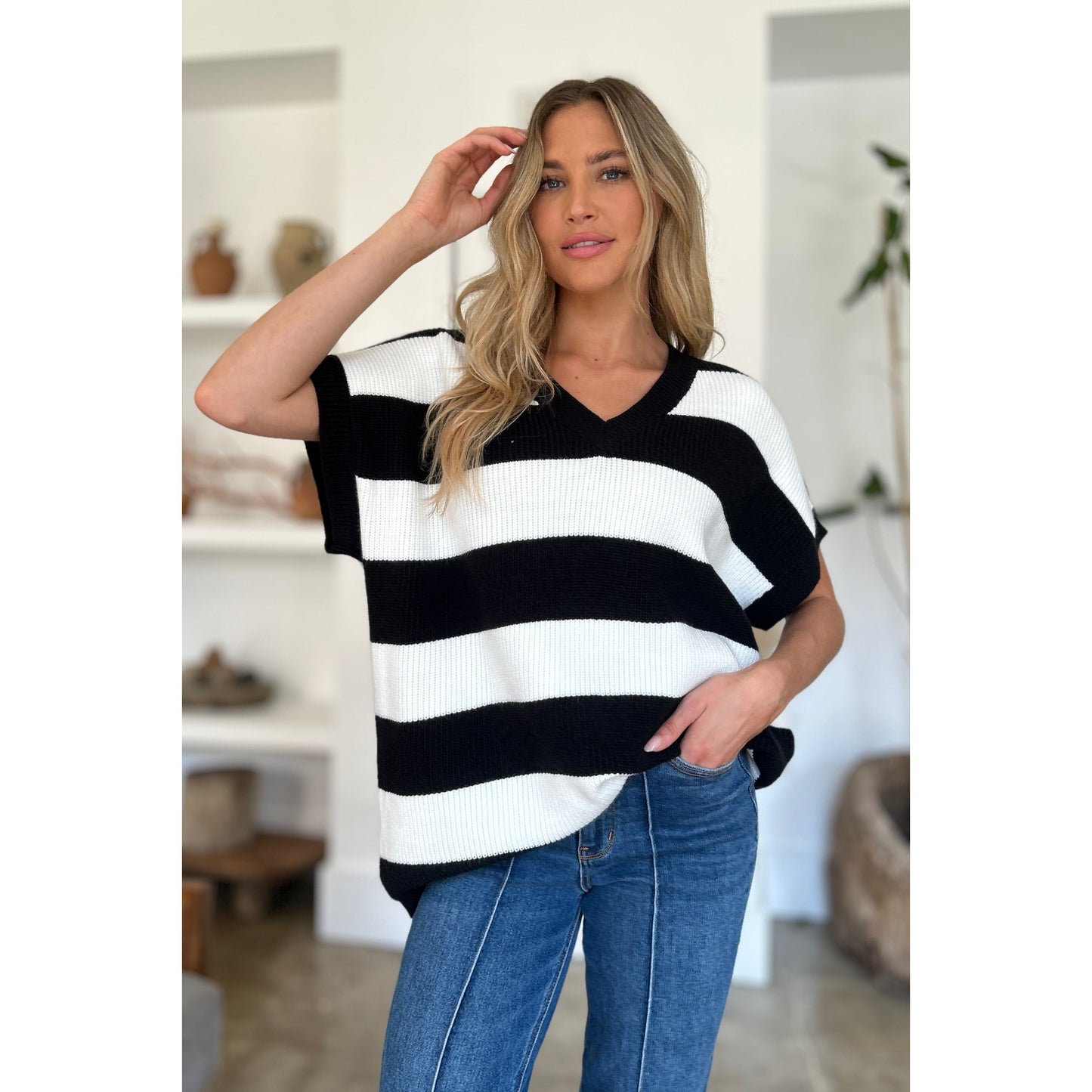 Double Take Full Size Striped V-Neck Short Sleeve Sweater