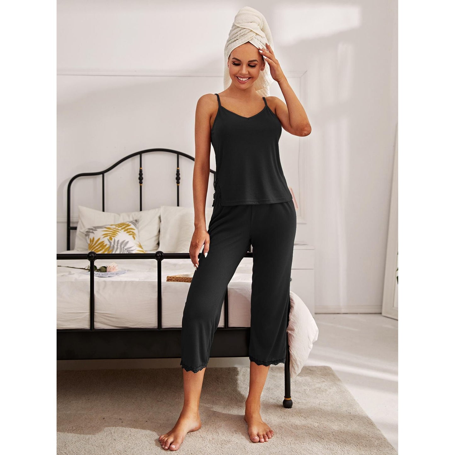 V-Neck Lace Trim Slit Cami and Pants Pajama Set