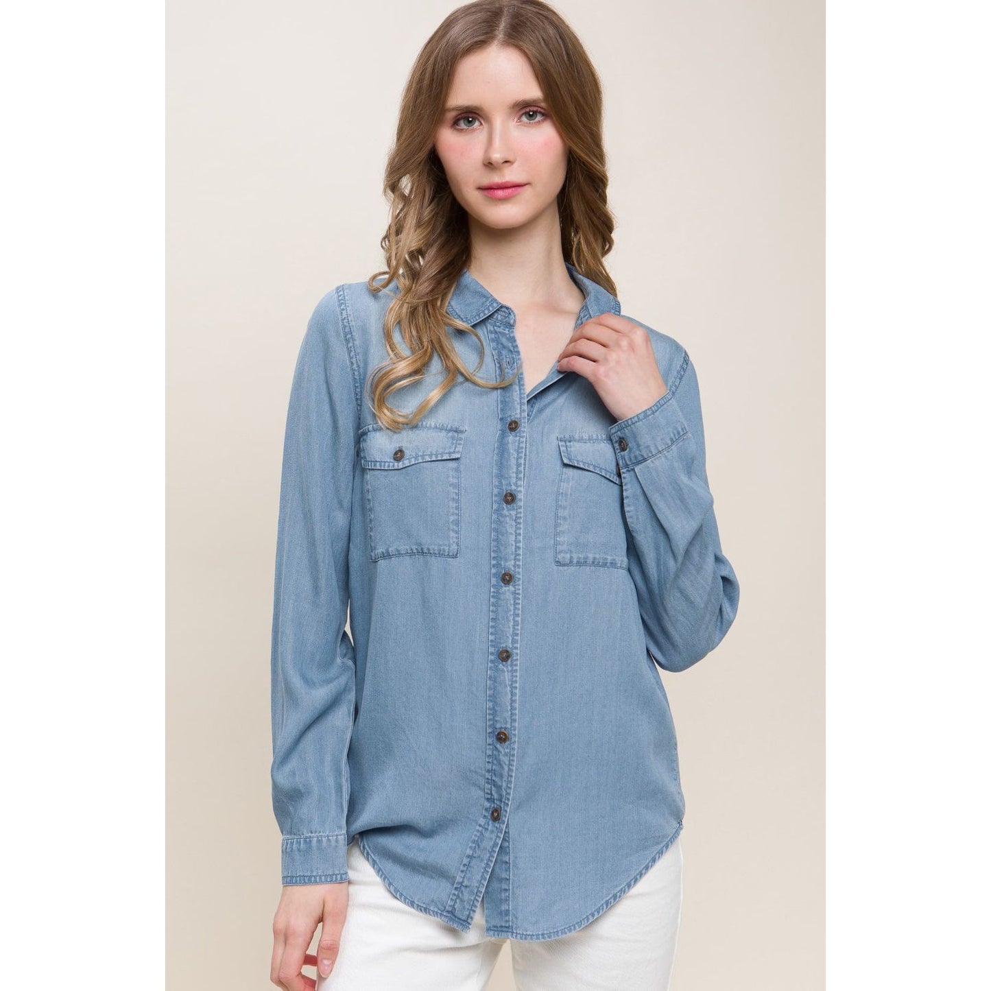 Love Tree Scooped Hem Button Up Denim Shirt