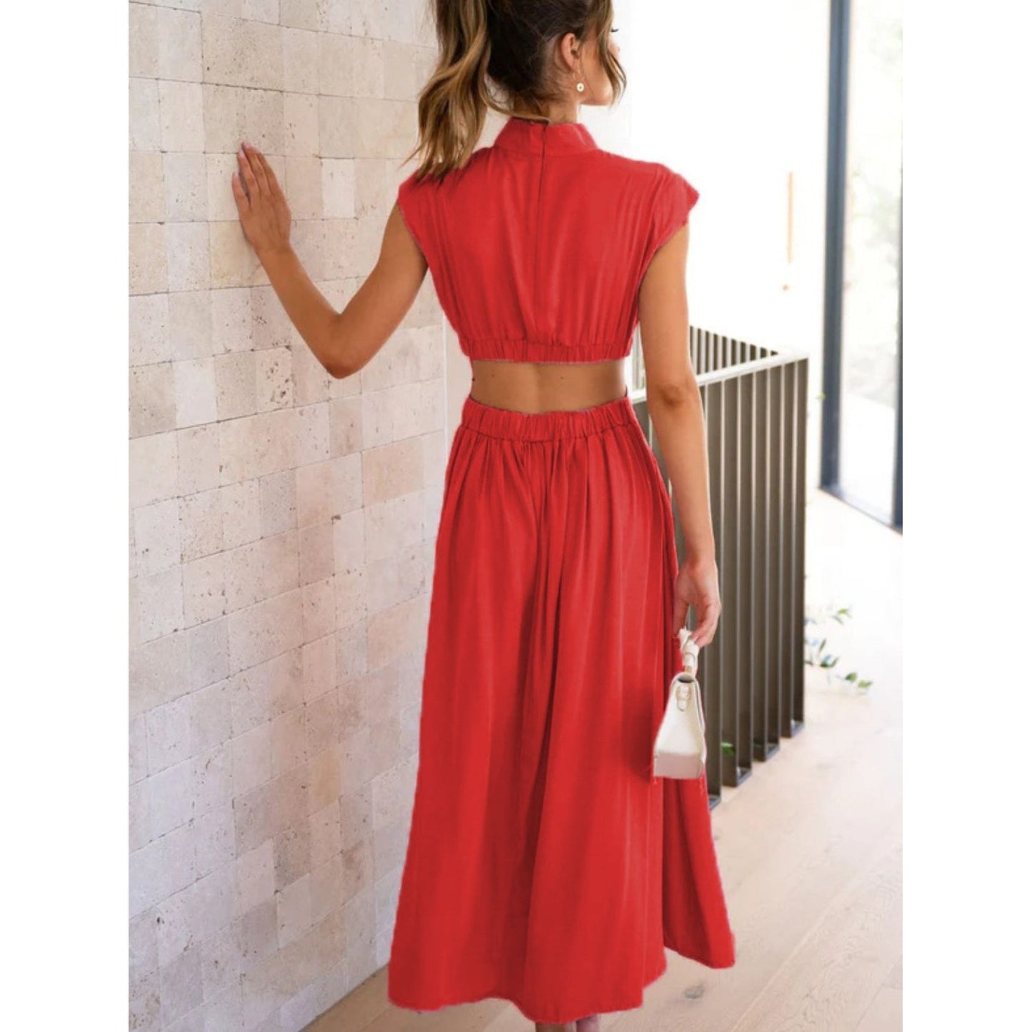 Cutout Mock Neck Sleeveless Ruched Dress