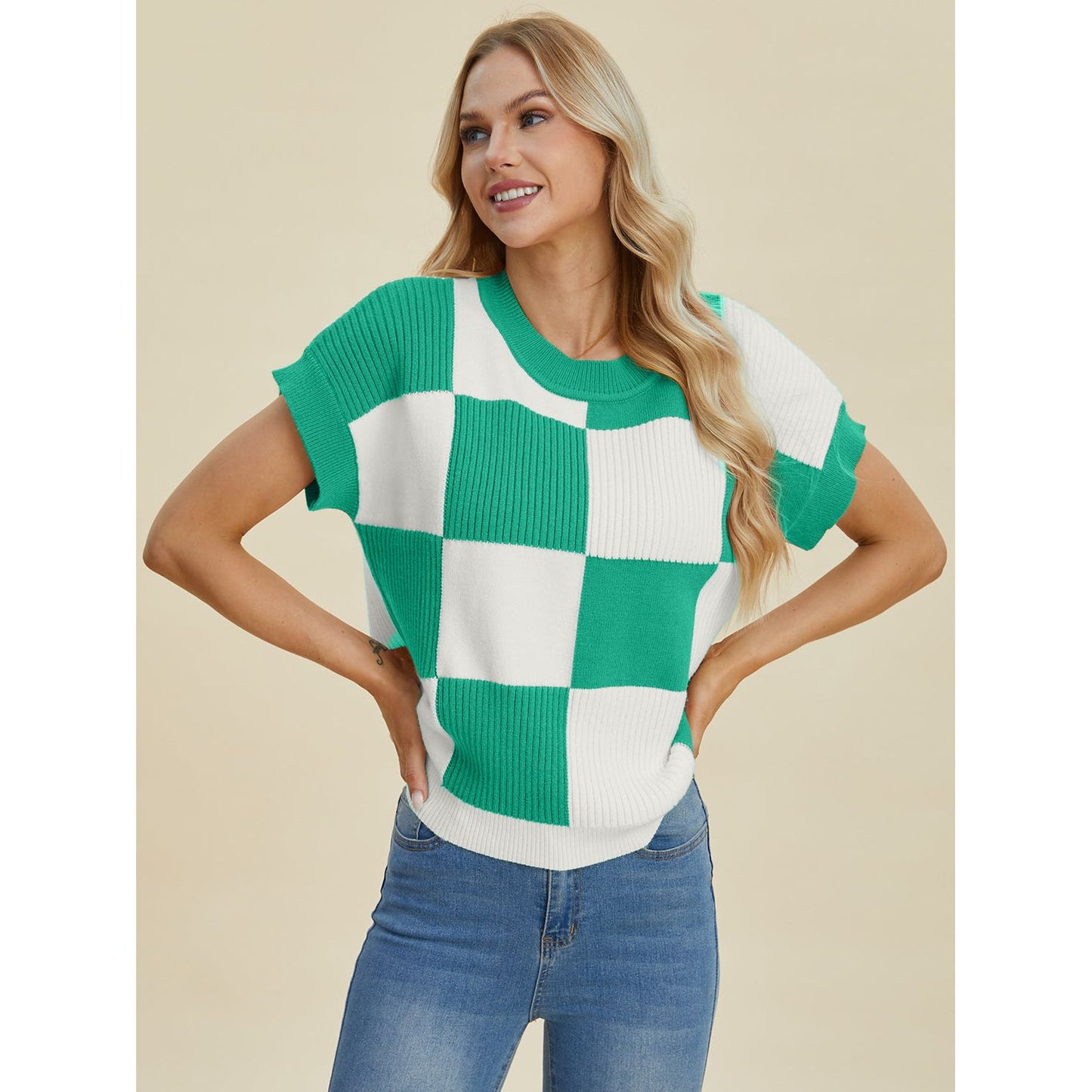 Double Take Full Size Checkered Round Neck Short Sleeve Sweater