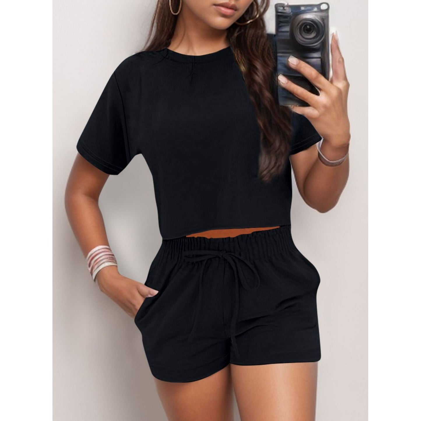 Full Size Round Neck Short Sleeve Top and Shorts Set