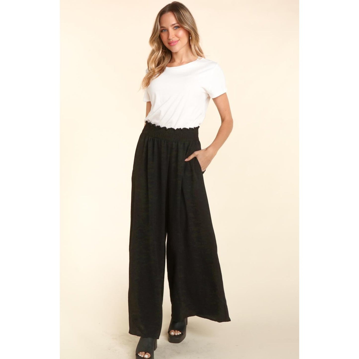 Haptics Elastic Waist Wide Leg Pants with Pockets