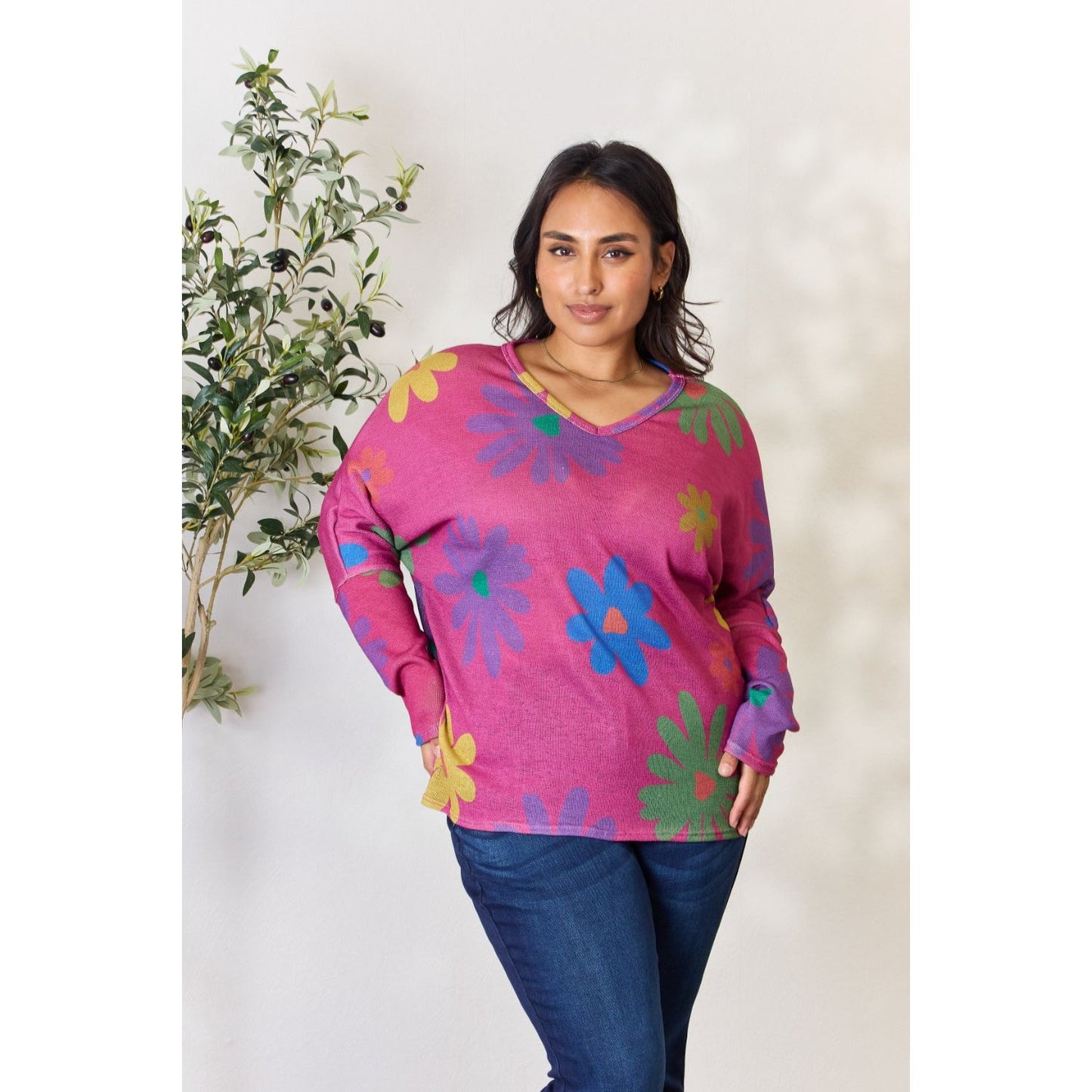 Hopely Full Size Floral V-Neck Long Sleeve Top