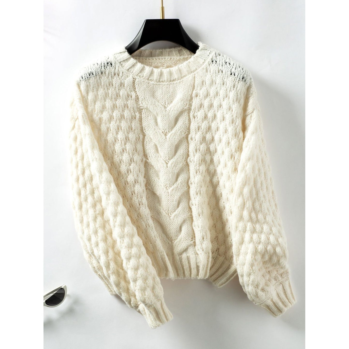 Cable-Knit Round Neck Long Sleeve Sweater