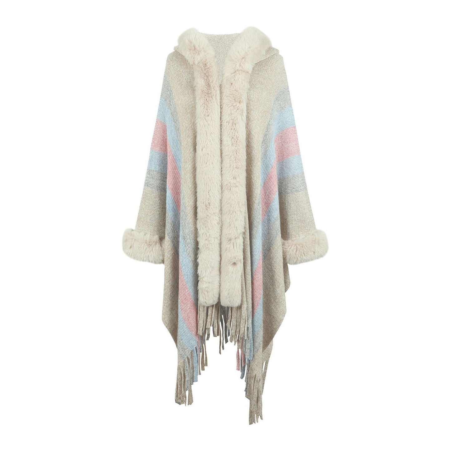 Color Block Fringe Detail Poncho