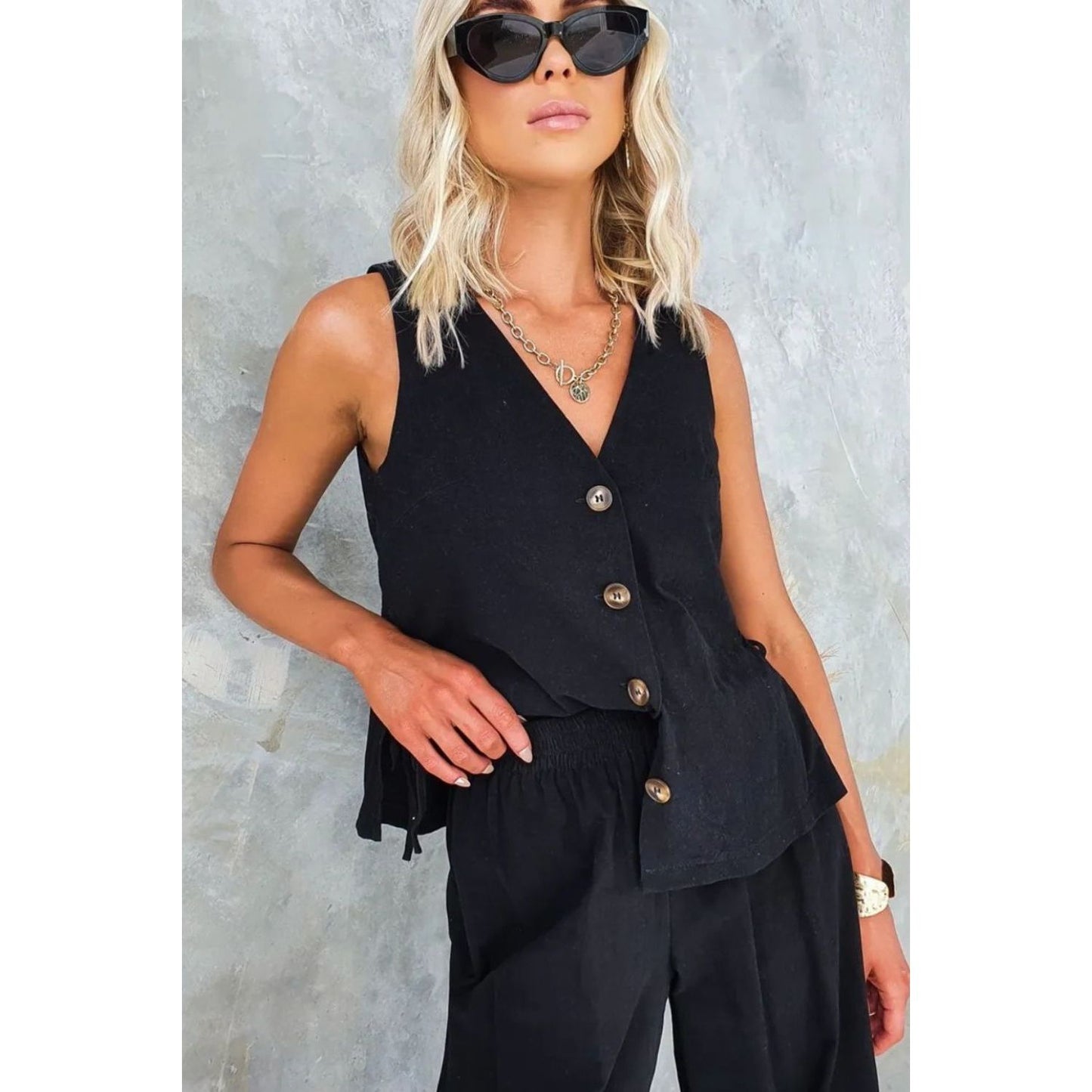 Tied V-Neck Sleeveless Top and Pants Set