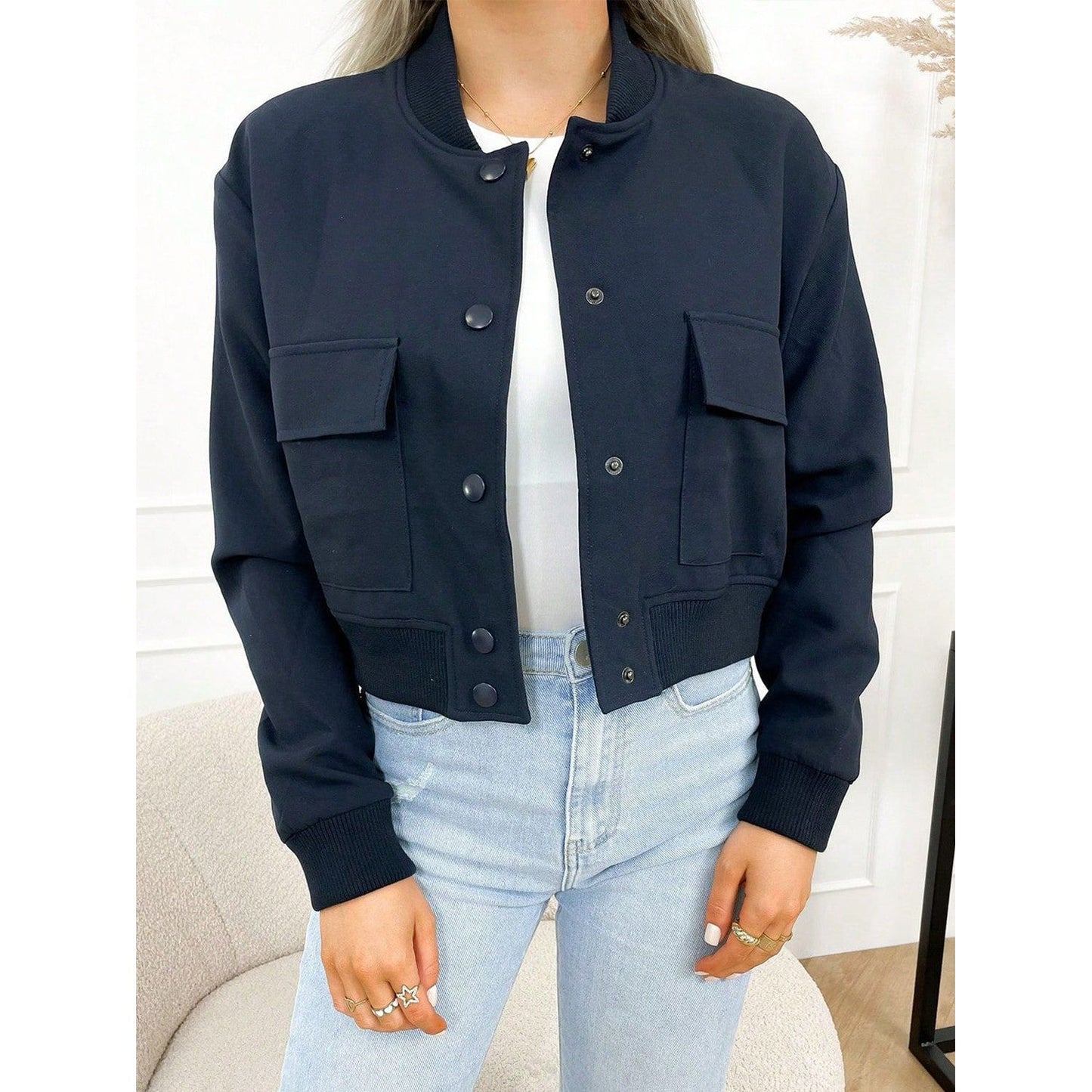 Pocketed Snap Down Baseball Collar Jacket