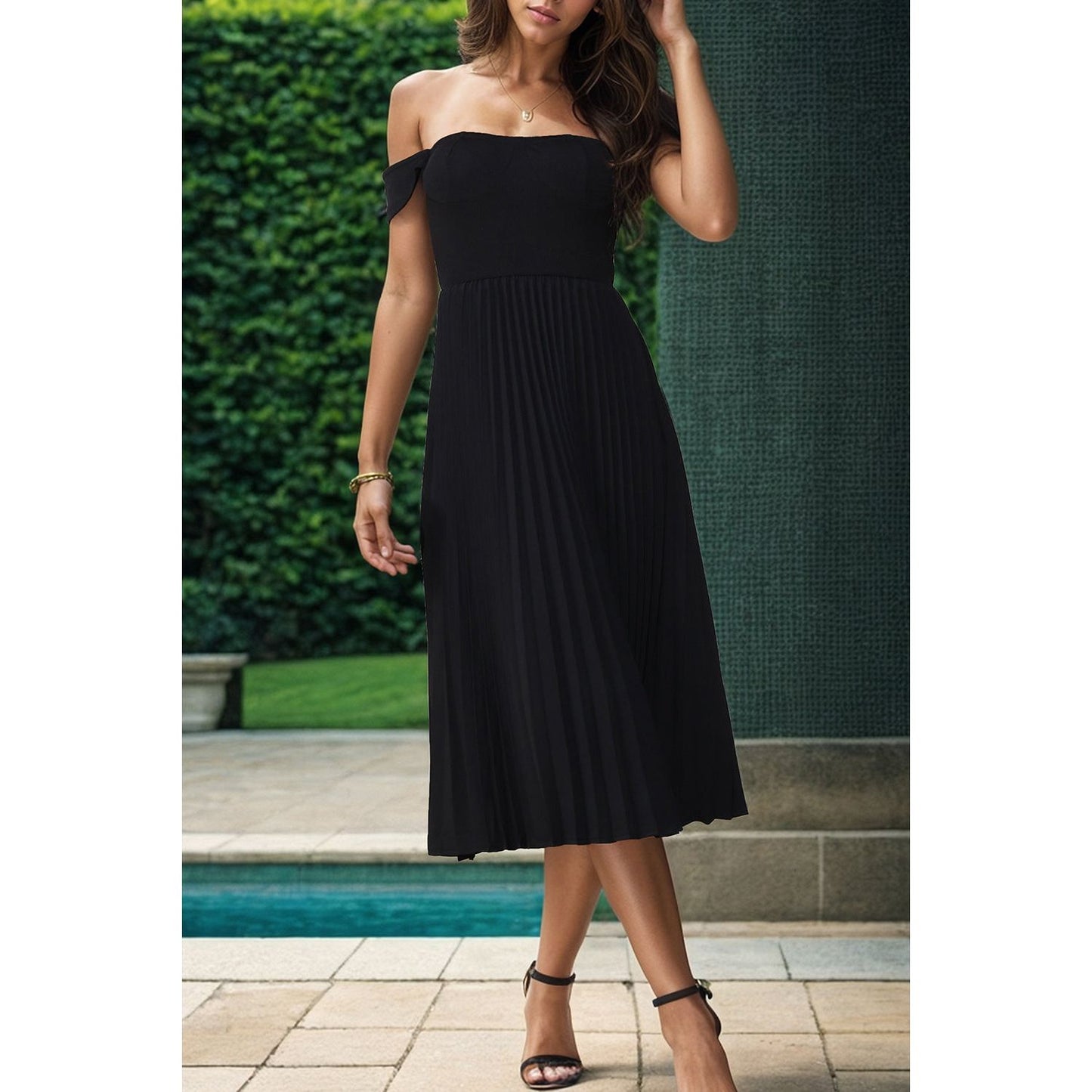 Perfee Pleated Off-Shoulder Midi Dress