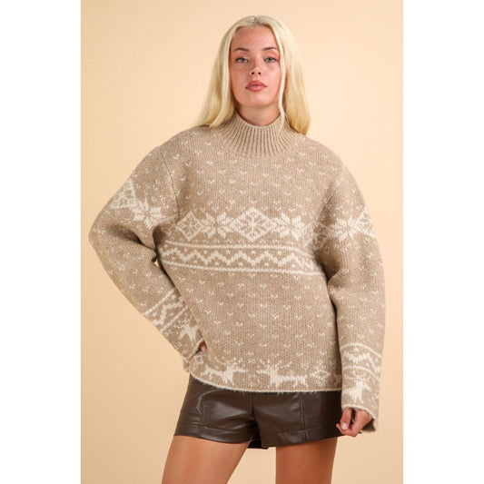 VERY J Christmas Element Mock Neck Long Sleeve Sweater