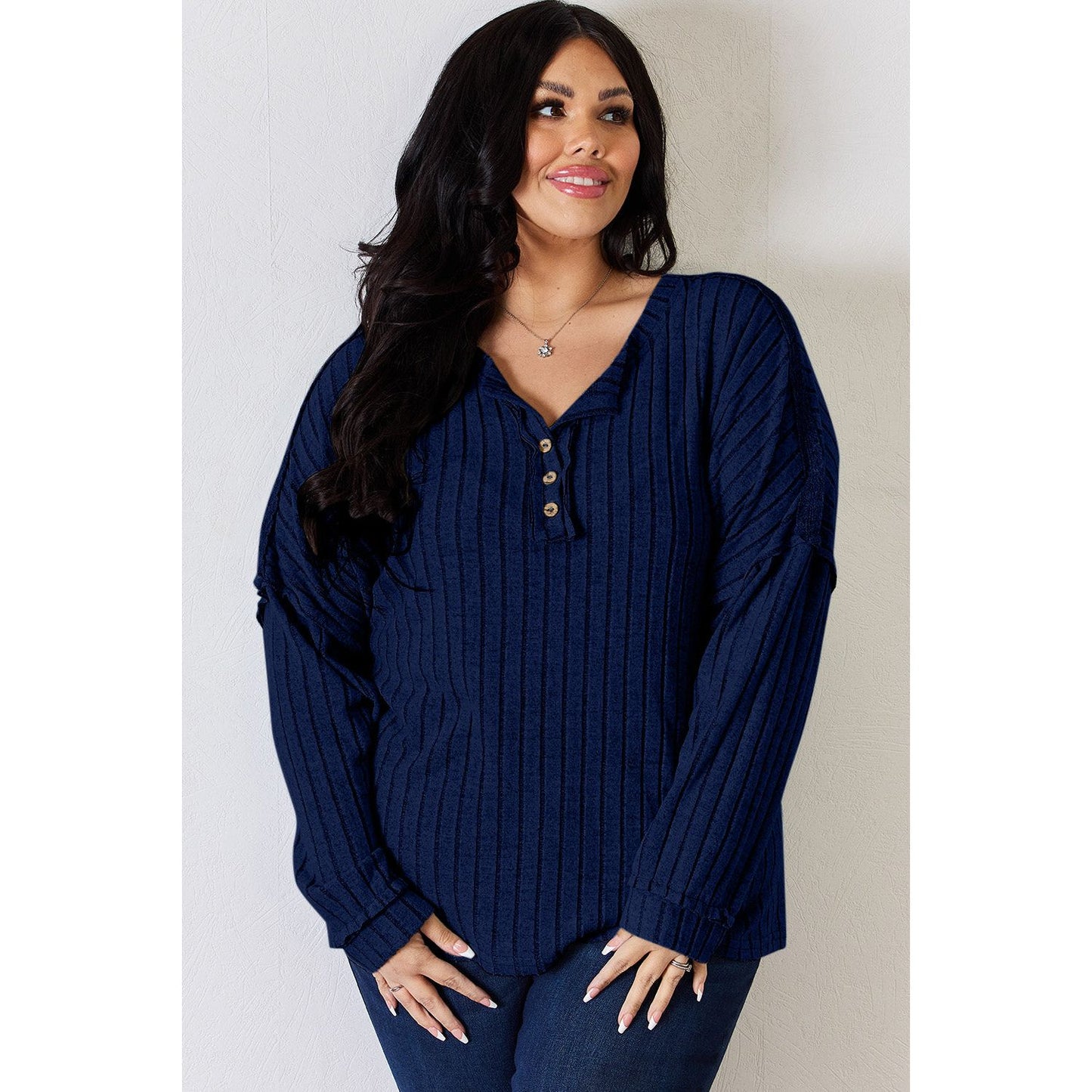 Basic Bae Full Size Ribbed Half Button Long Sleeve T-Shirt