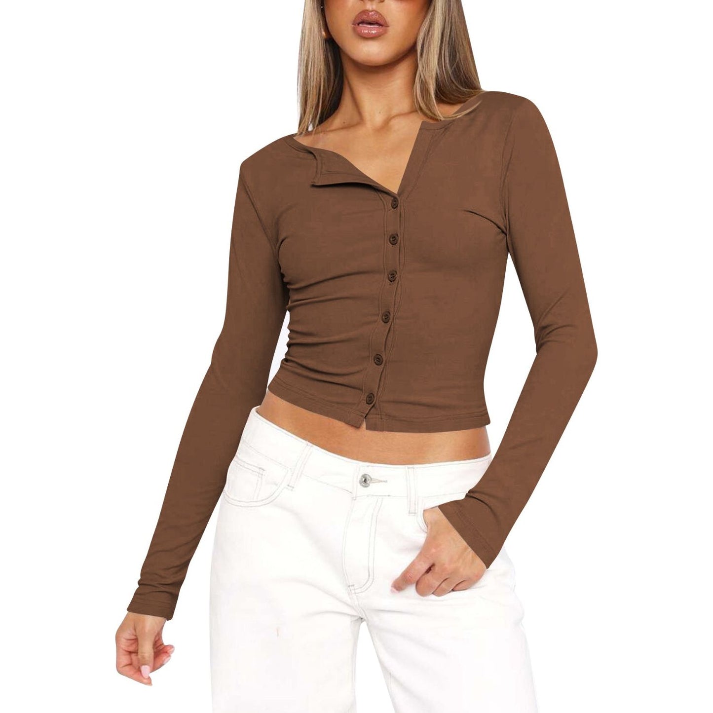 Lovelet Button Up Round Neck Long Sleeve T-Shirt