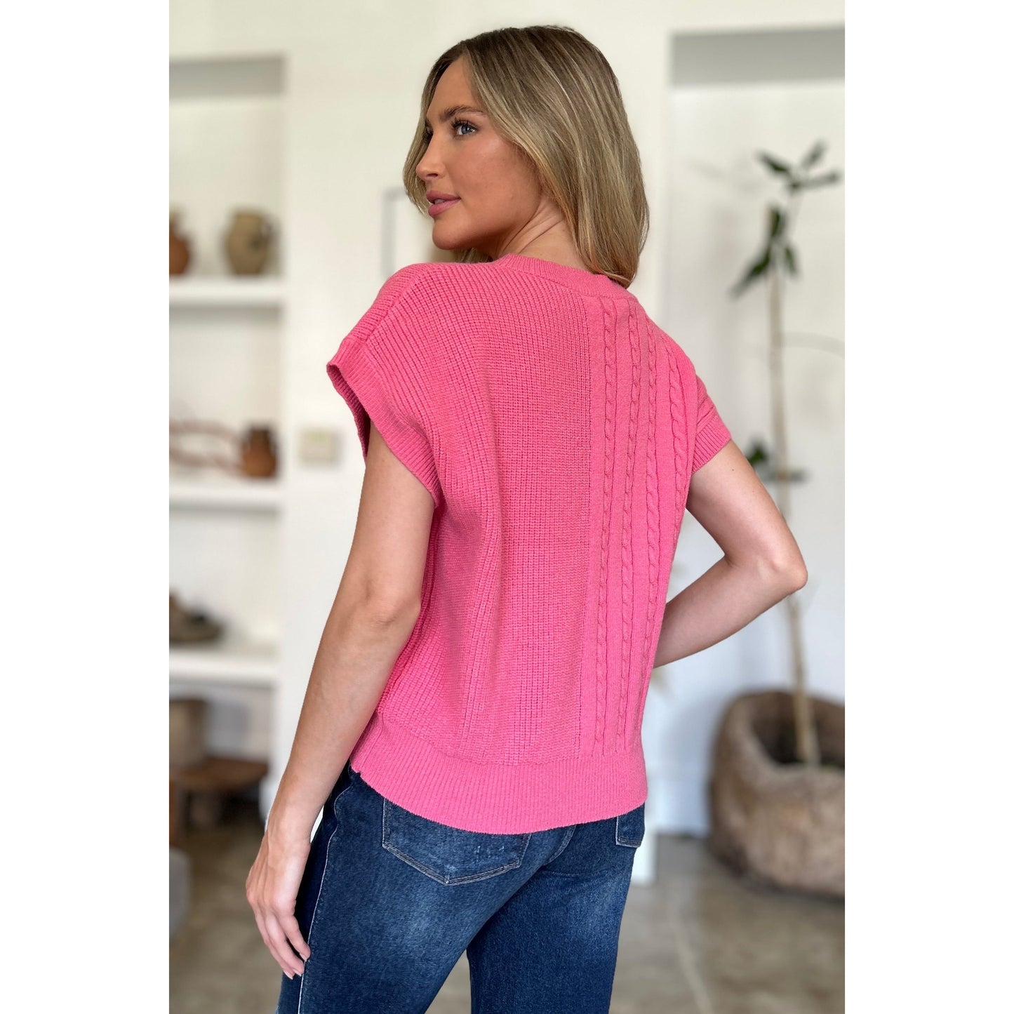 Double Take Full Size Cable-Knit Round Neck Short Sleeve Sweater