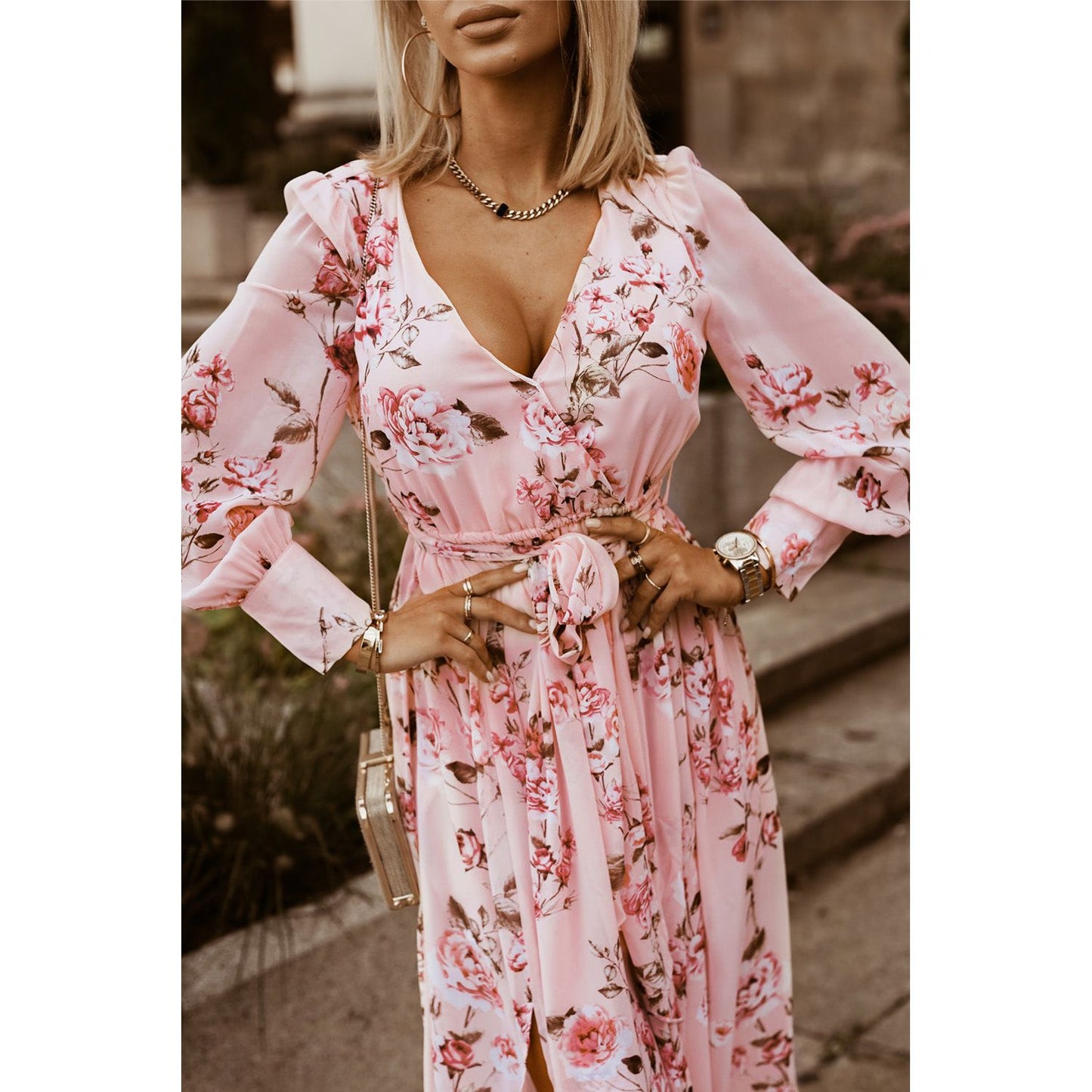 Floral Tie Belt Bishop Sleeve Slit Maxi Dress