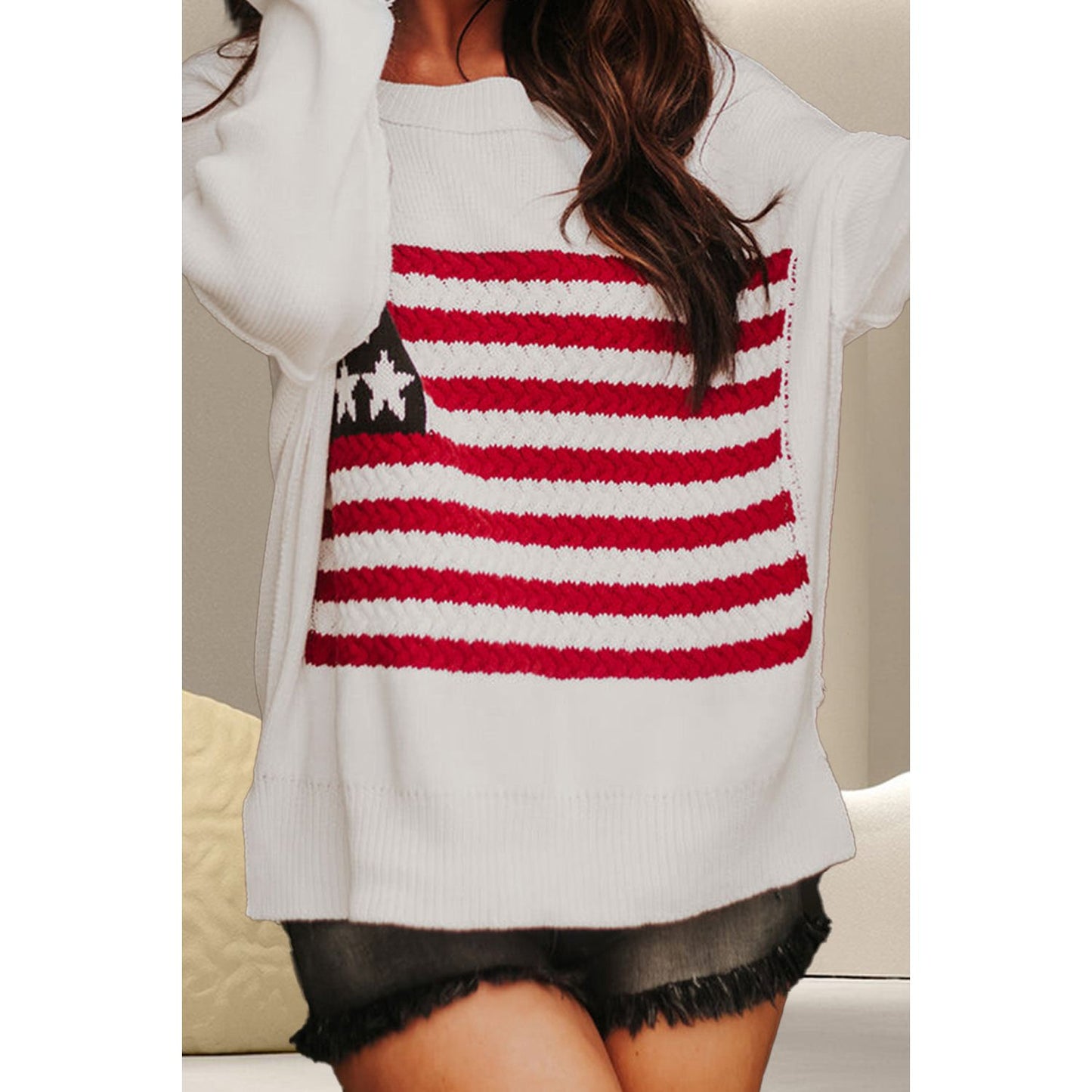 US Flag Round Neck Long Sleeve Knit Top