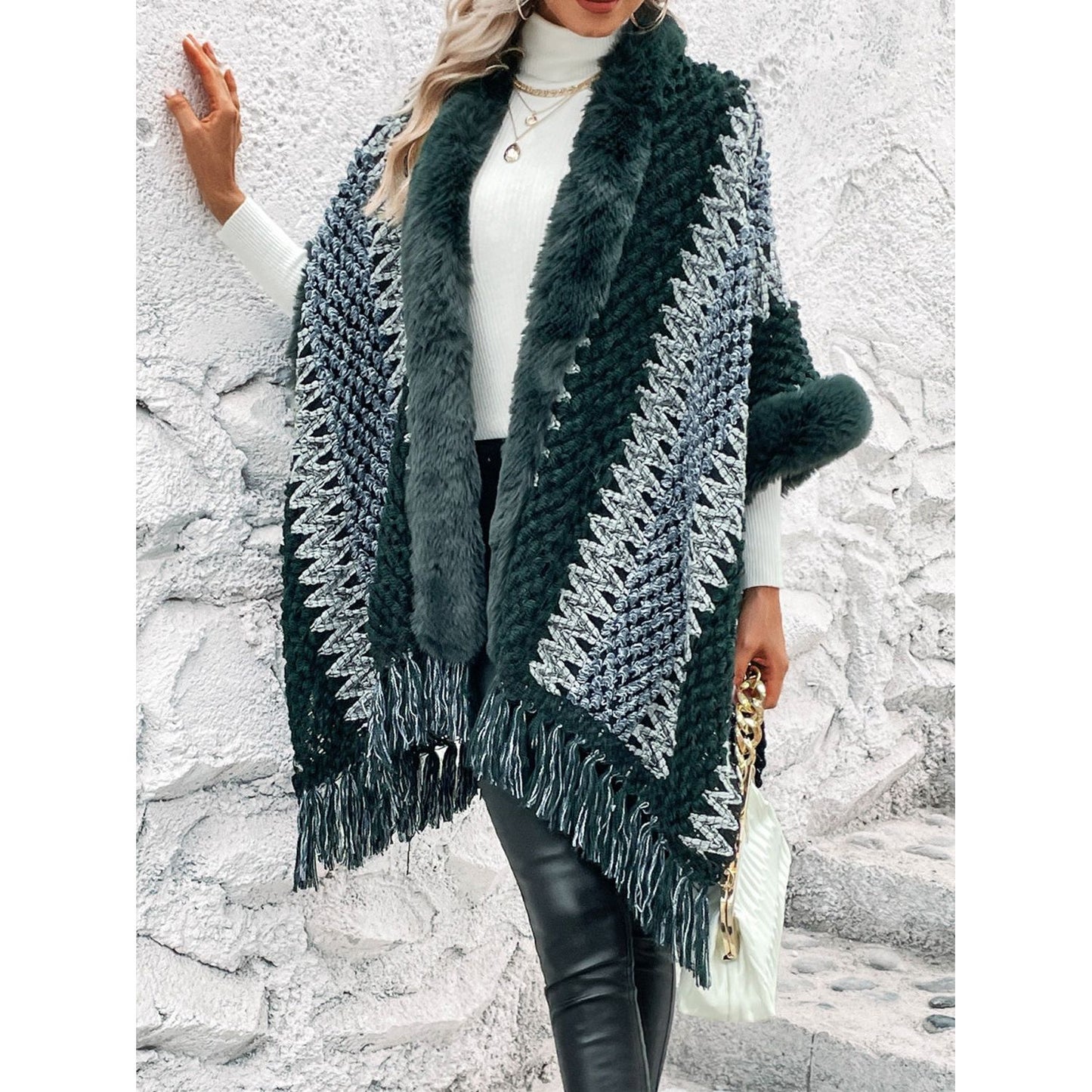 Striped Fringe Hem Poncho