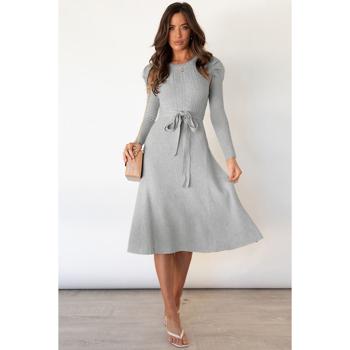 Round Neck Long Sleeve Tie Waist Sweater Dress