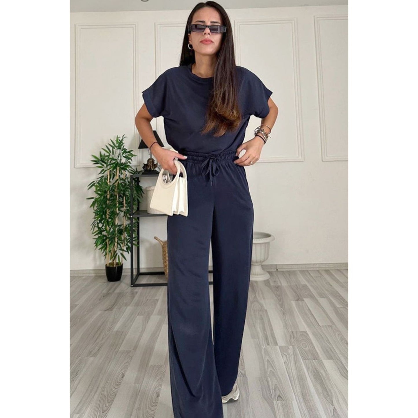 Round Neck Short Sleeve Top and Drawstring Pants Set