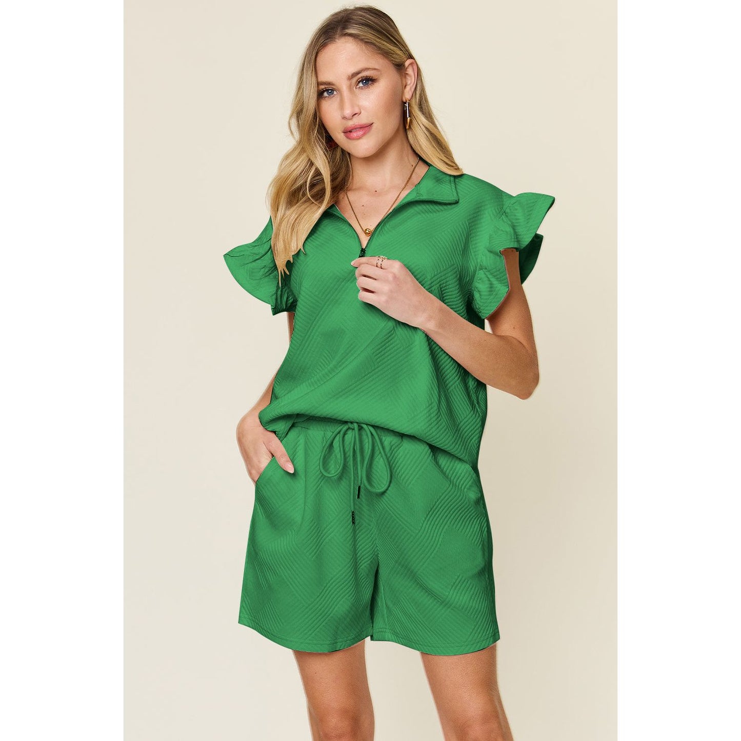 Double Take Full Size Texture Flounce Sleeve Top and Drawstring Shorts Set