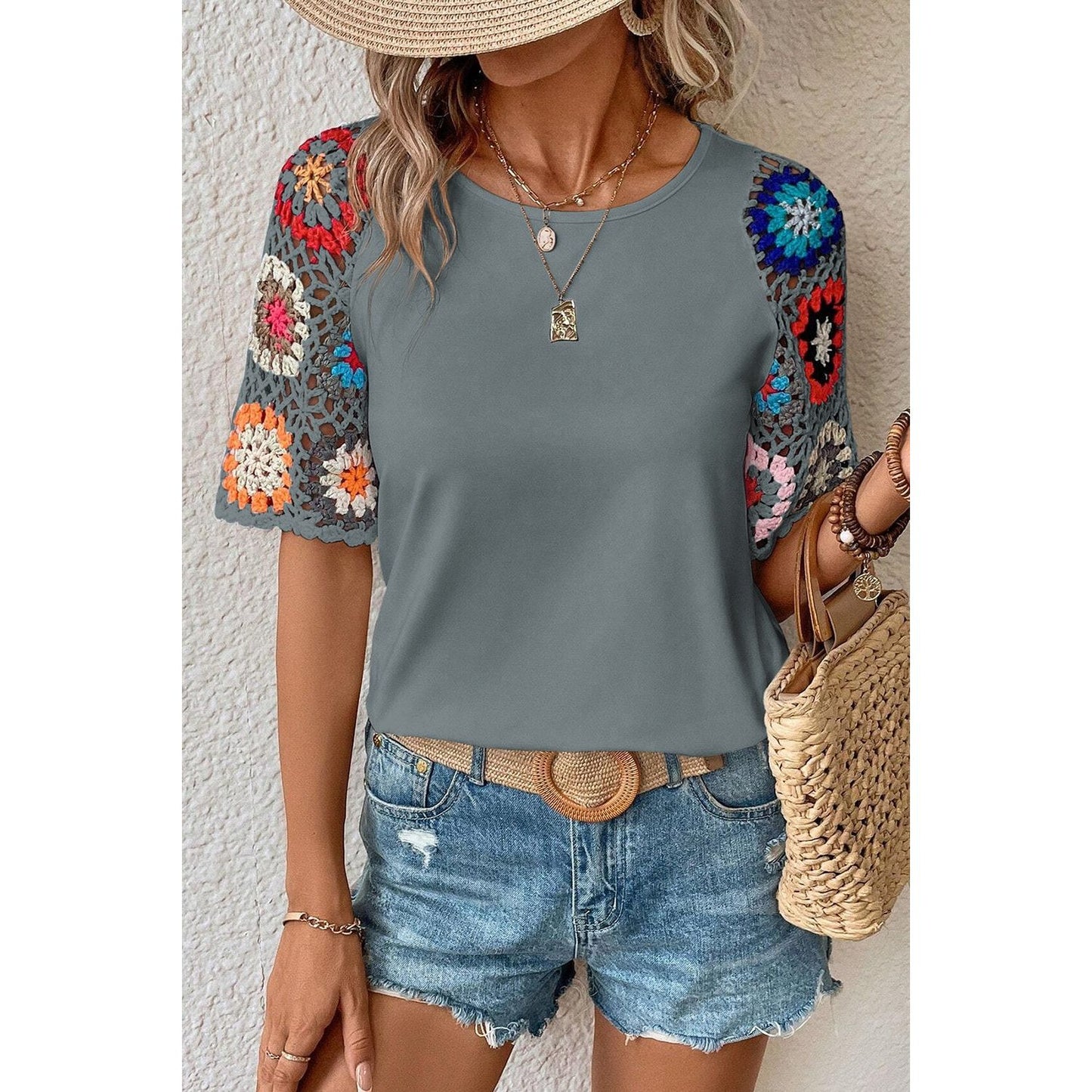 Geometric Round Neck Short Sleeve Blouse