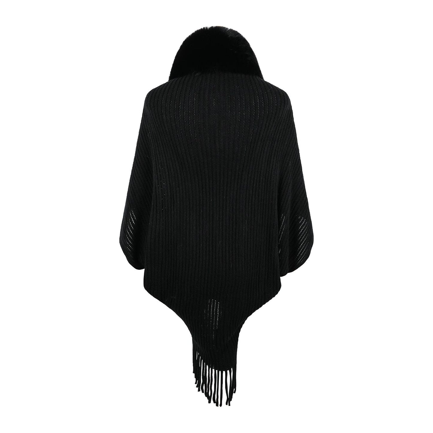 Fringe Detail Long Sleeve Ribbed Poncho