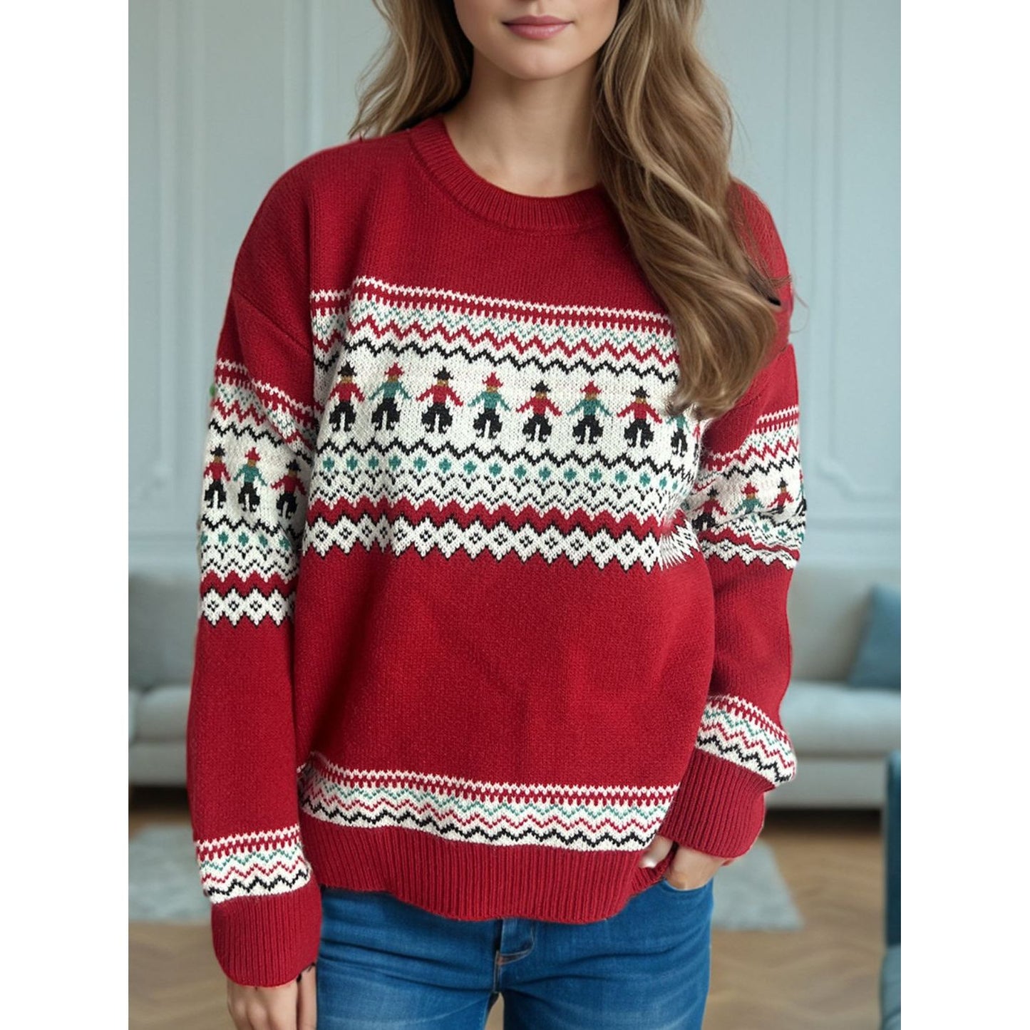 Contrast Round Neck Dropped Shoulder Sweater