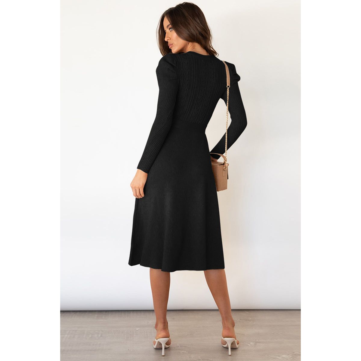 Round Neck Long Sleeve Tie Waist Sweater Dress