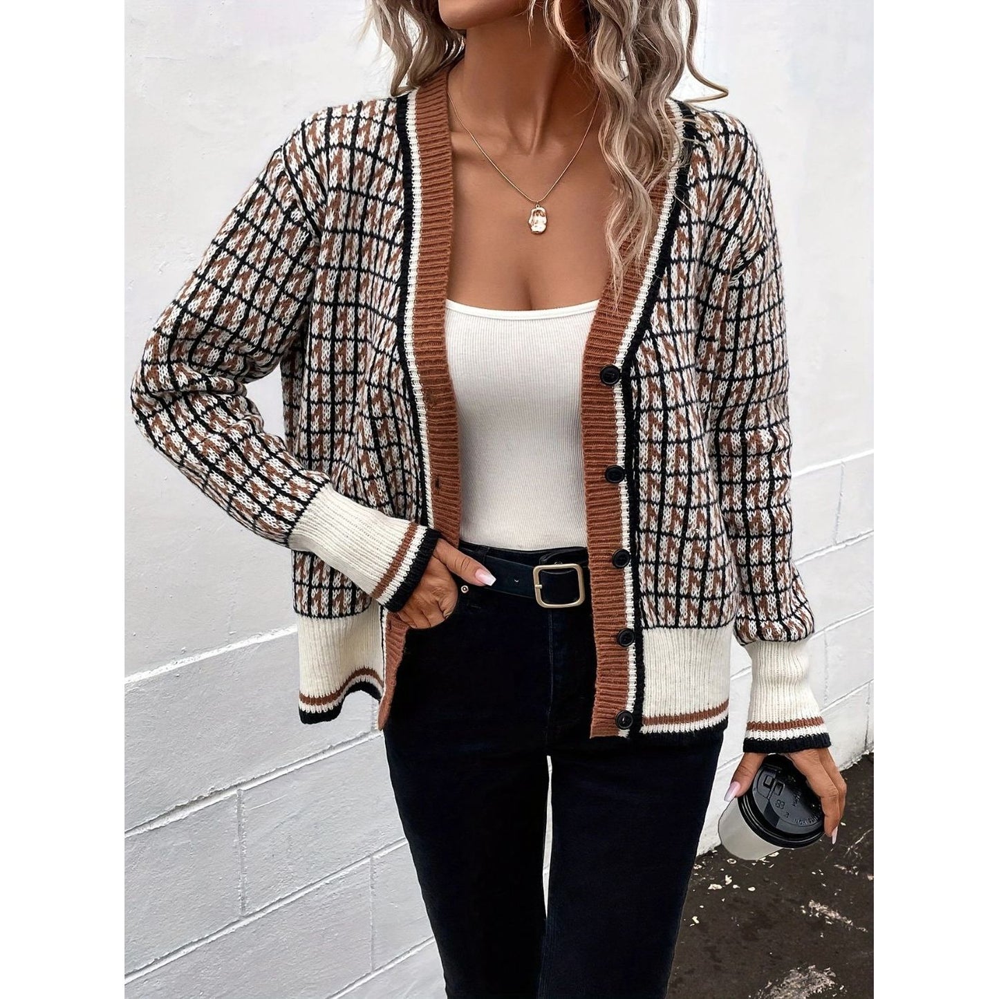 Plaid V-Neck Button Up Cardigan