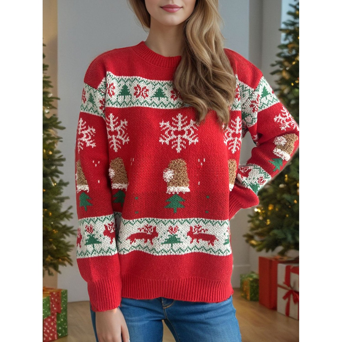 Christmas Element Round Neck Long Sleeve Sweater