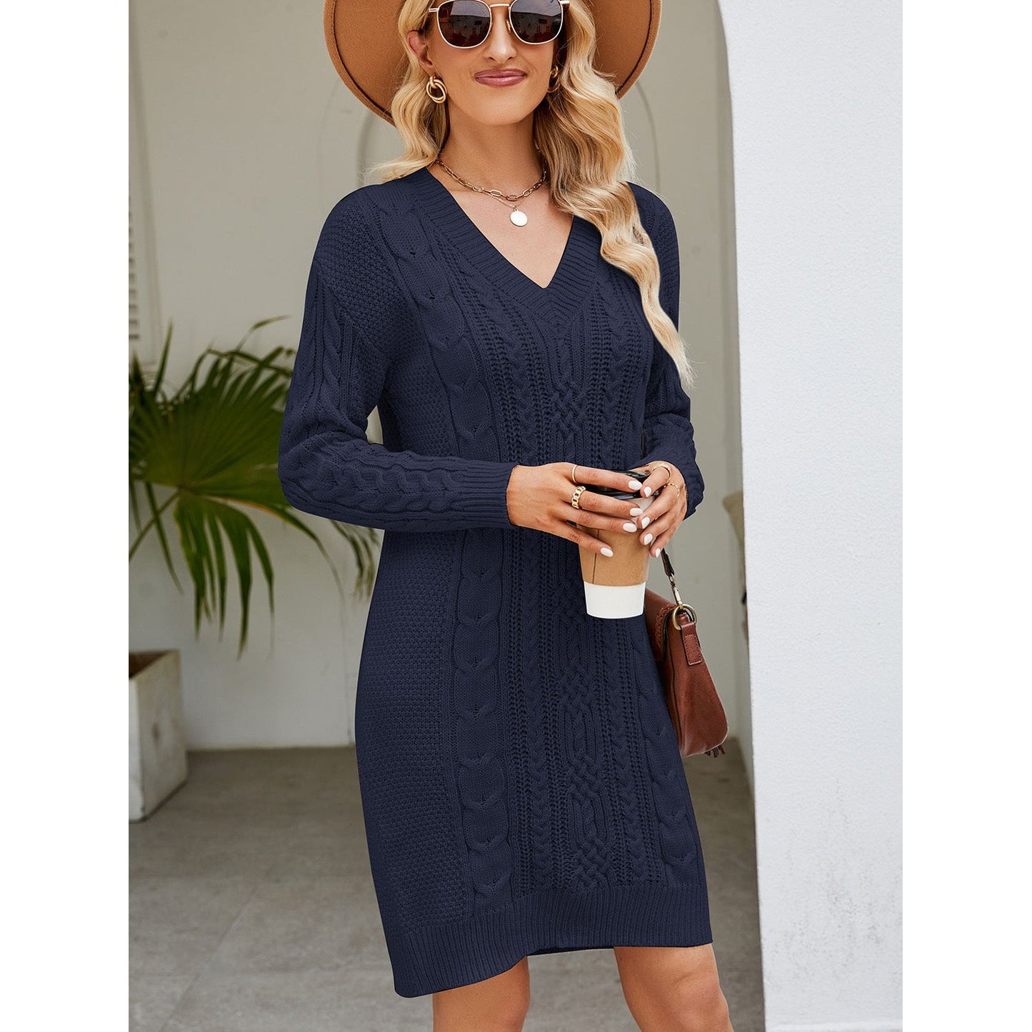 Cable-Knit V-Neck Mini Sweater Dress