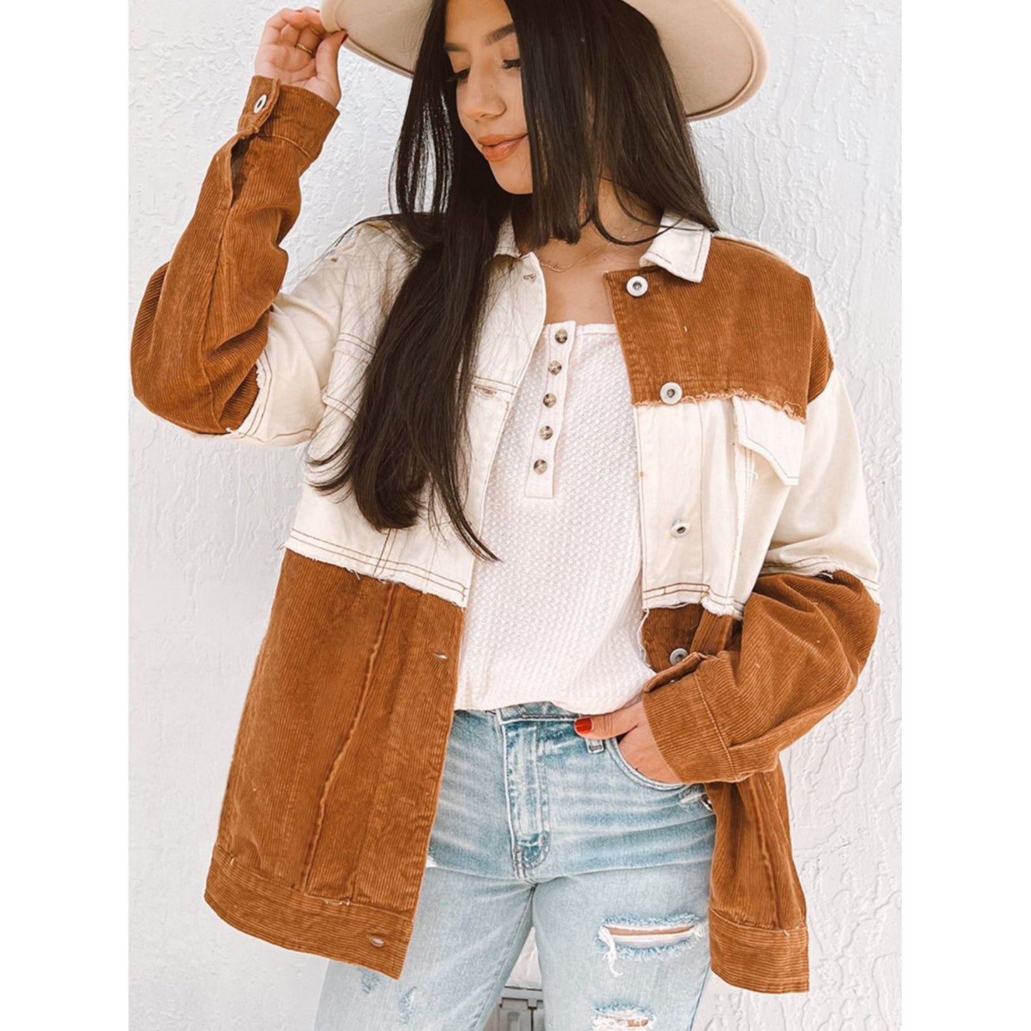 Raw Hem Color Block Button Up Jacket