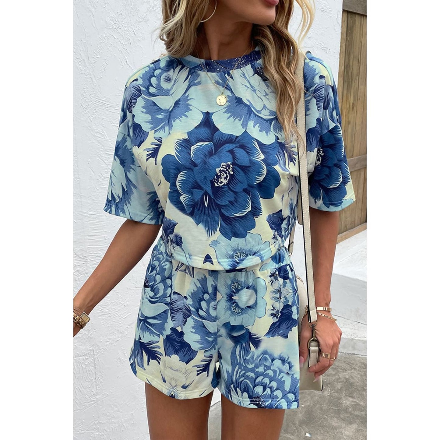 Shiny Printed Half Sleeve Top and Shorts Lounge Set