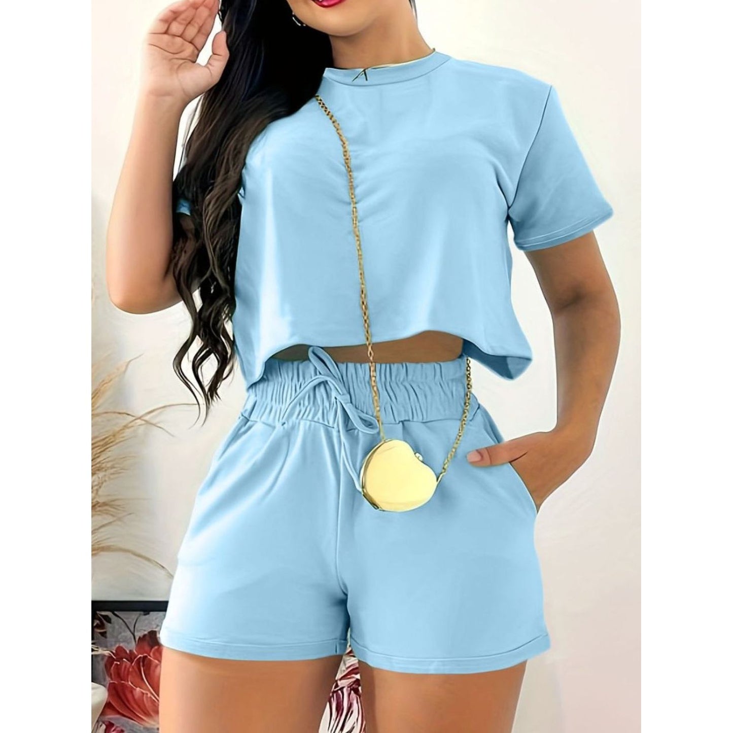 Full Size Round Neck Short Sleeve Top and Shorts Set