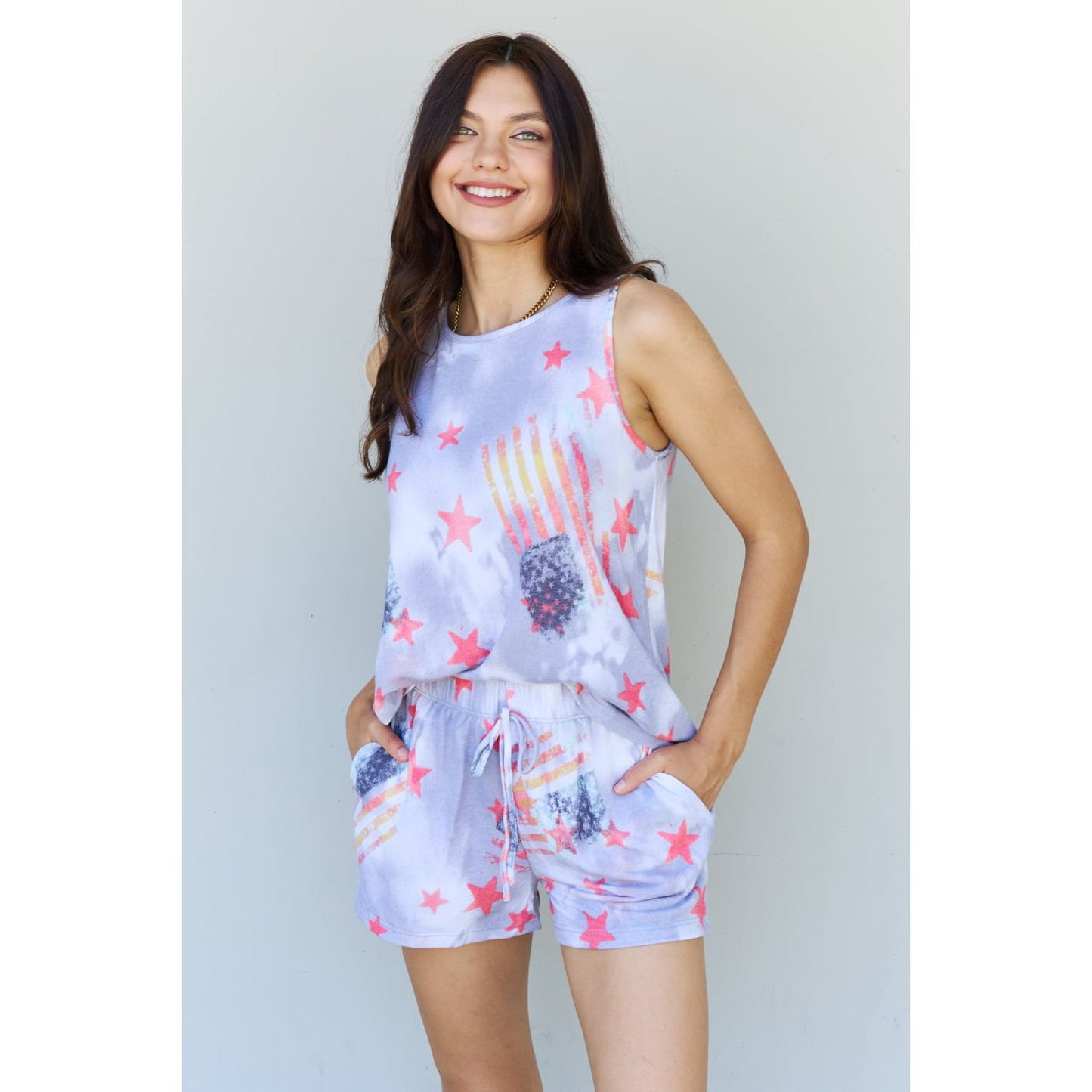 ODDI Full Size Tie-Dye Star Printed Loungewear Set