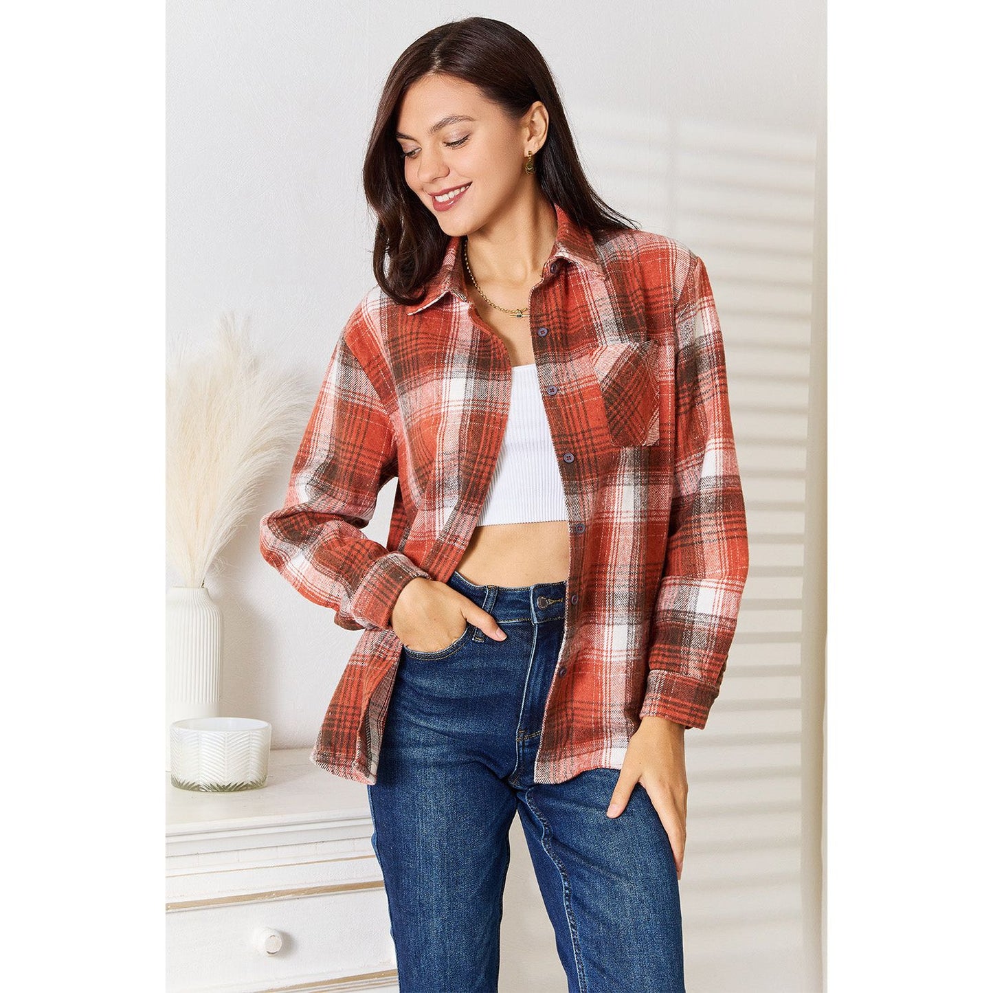 Plaid Collared Neck Long Sleeve Shirt