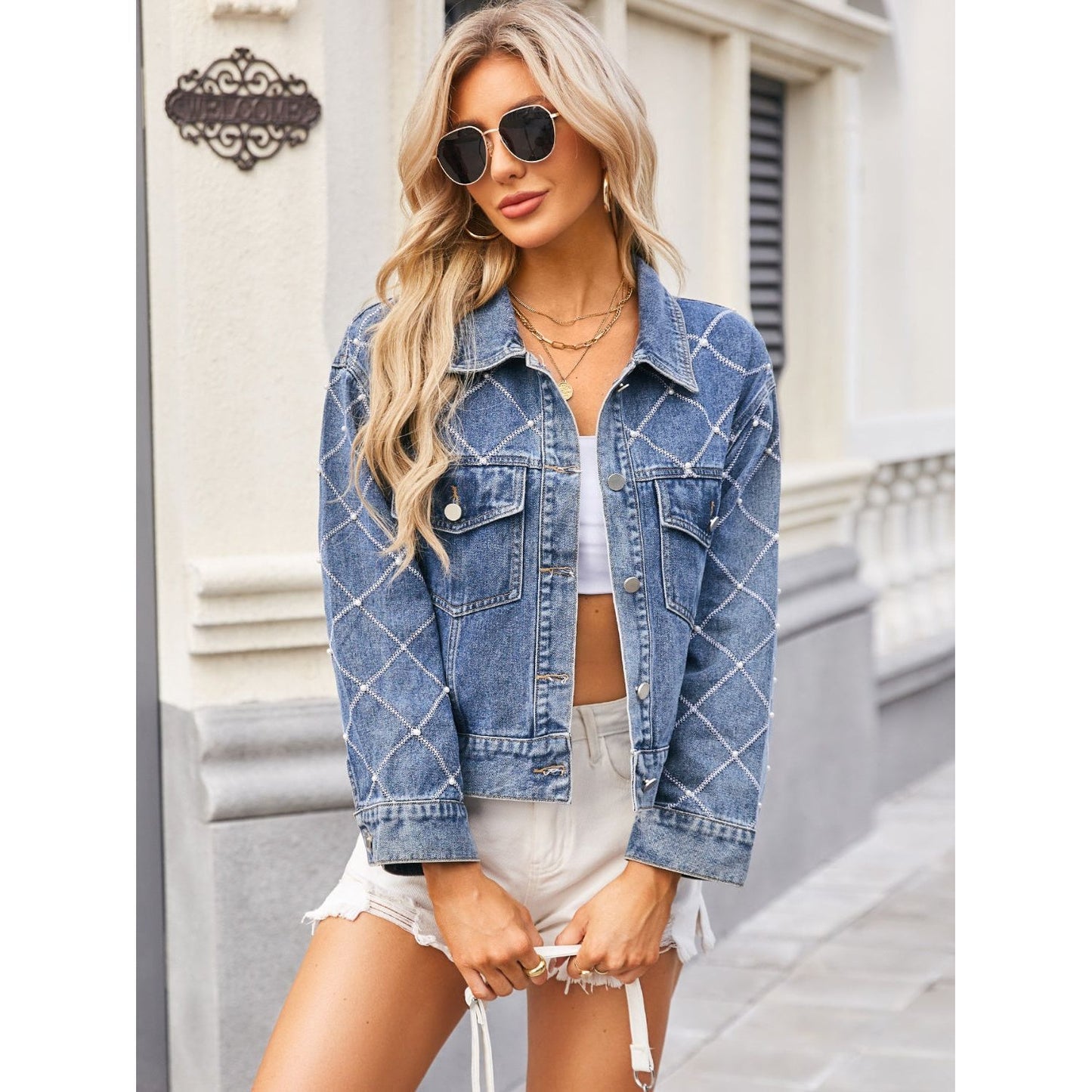 Pearl Trim Long Sleeve Denim Jacket