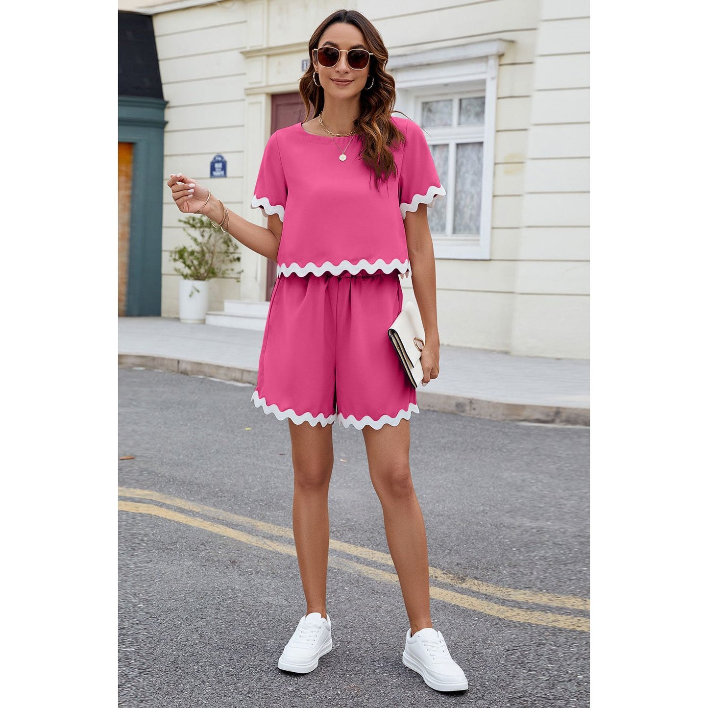 Contrast Trim Round Neck Top and Shorts Set