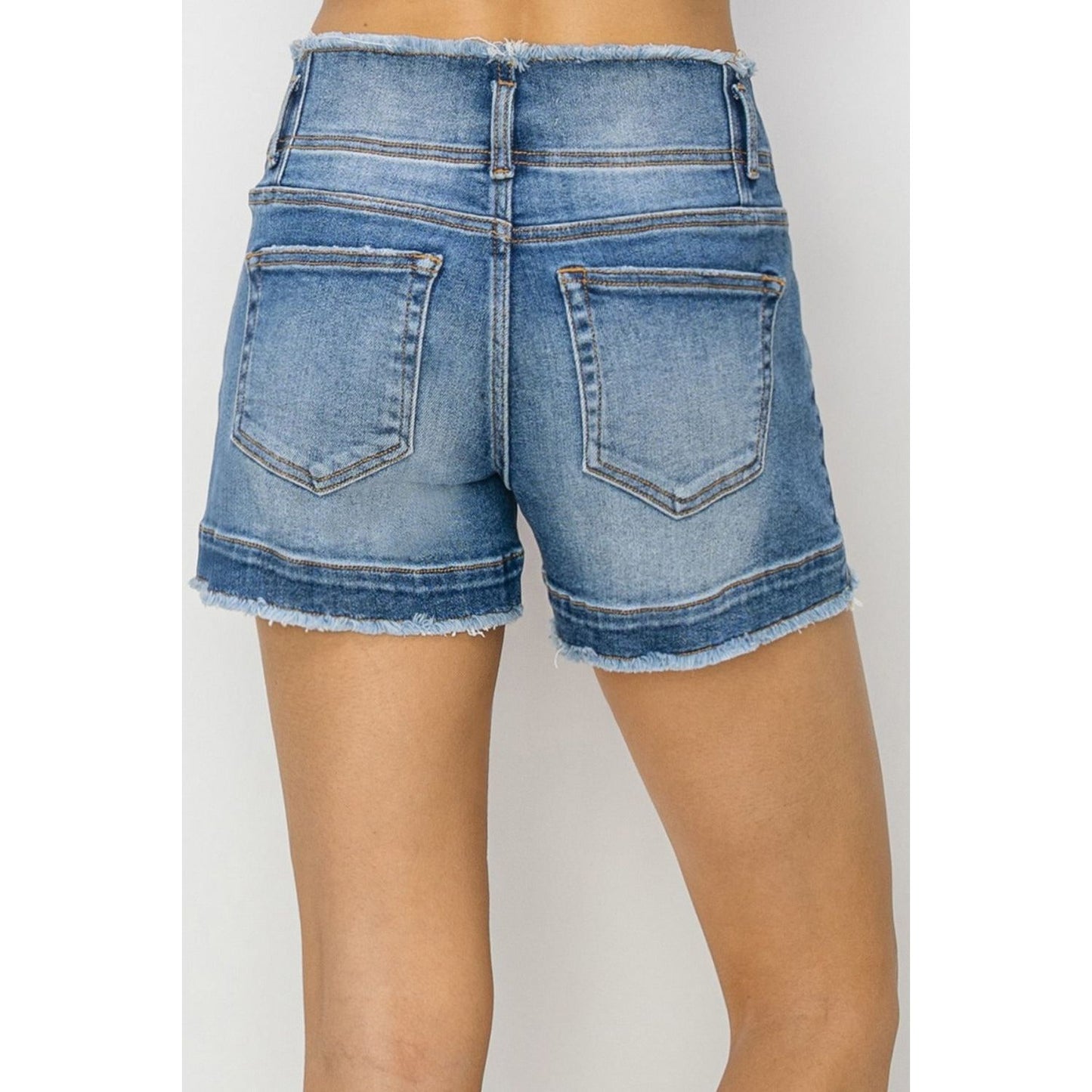 RISEN High Rise Seam Detailed Raw Edge Denim Shorts