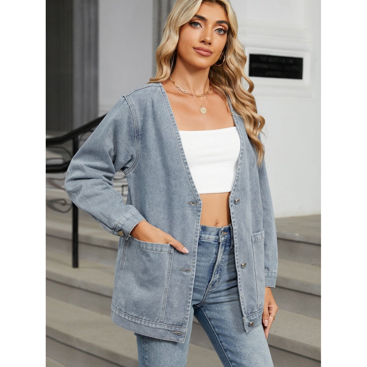 Pocketed V-Neck Button Up Denim Jacket