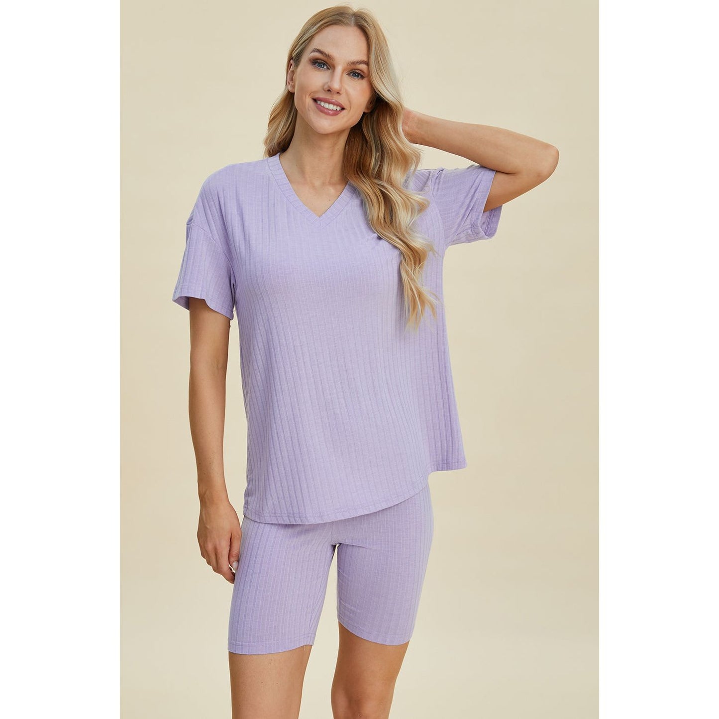 Basic Bae Full Size Ribbed V-Neck Short Sleeve Top and Shorts Set