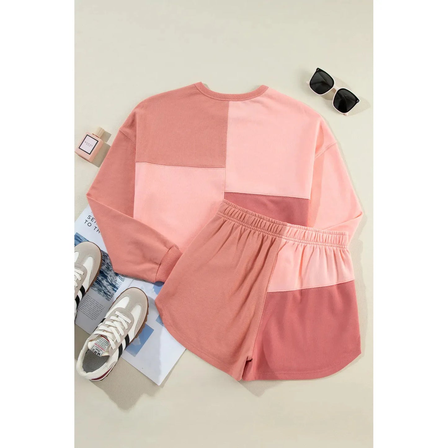 Color Block Round Neck Top and Shorts Set